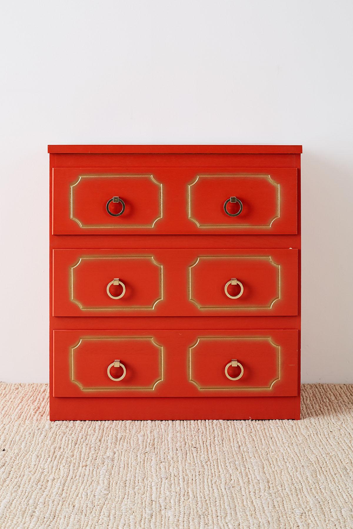 Hollywood Regency Dorothy Draper Style Coral Red Commode or Chest