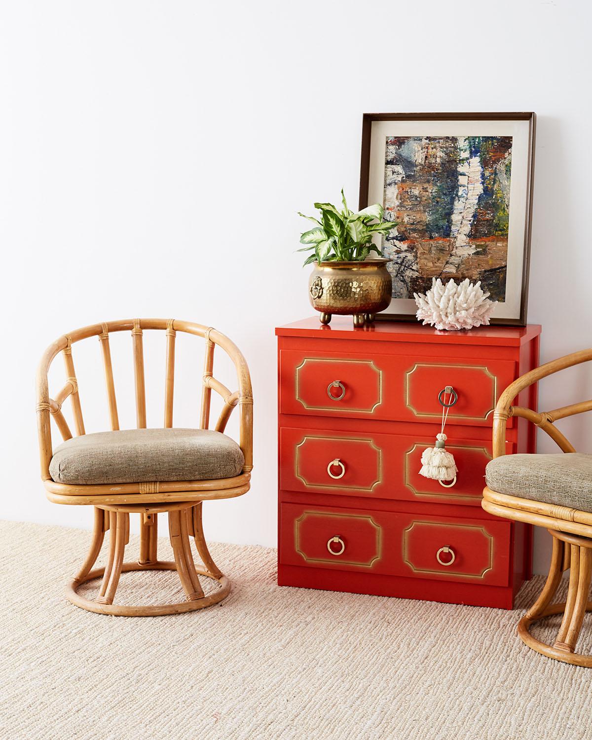 Gilt Dorothy Draper Style Coral Red Commode or Chest