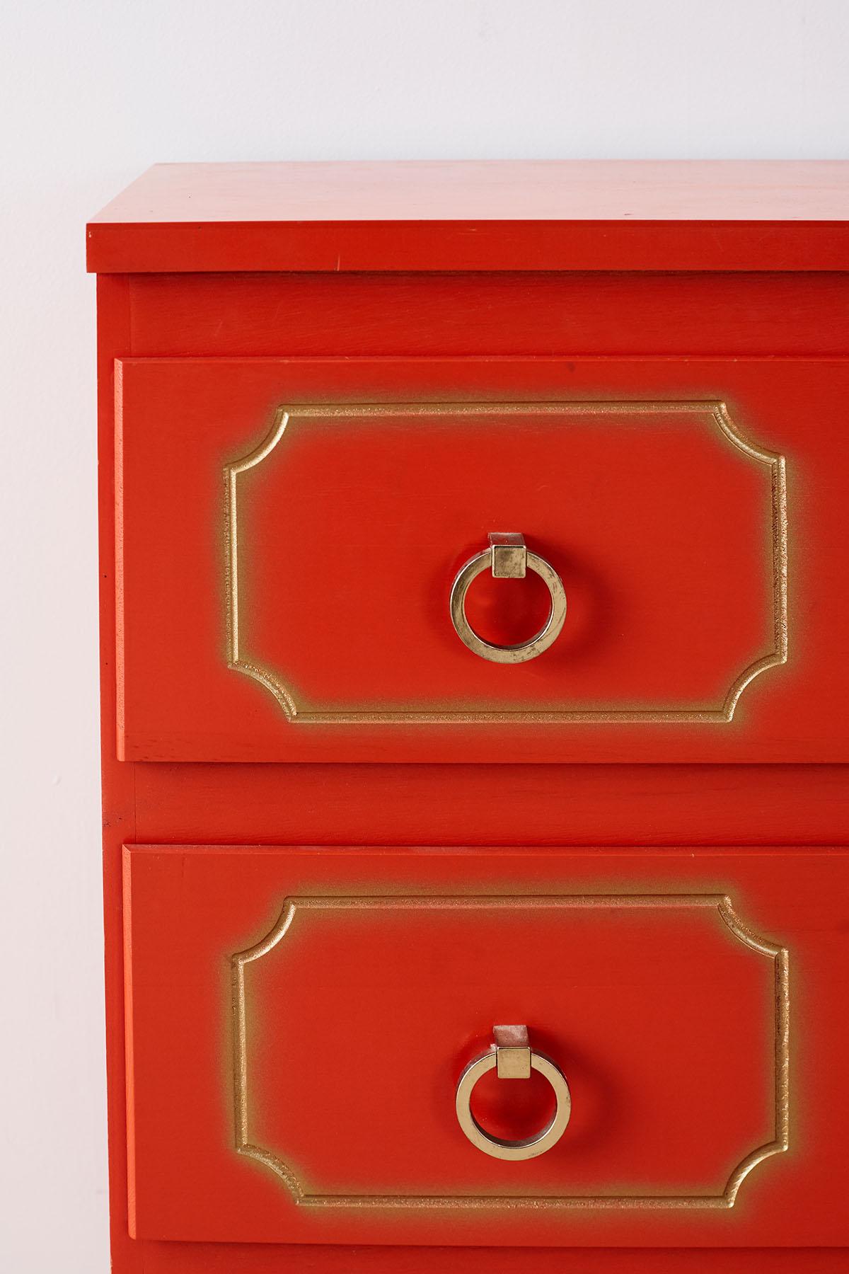 Dorothy Draper Style Coral Red Commode or Chest In Good Condition In Rio Vista, CA