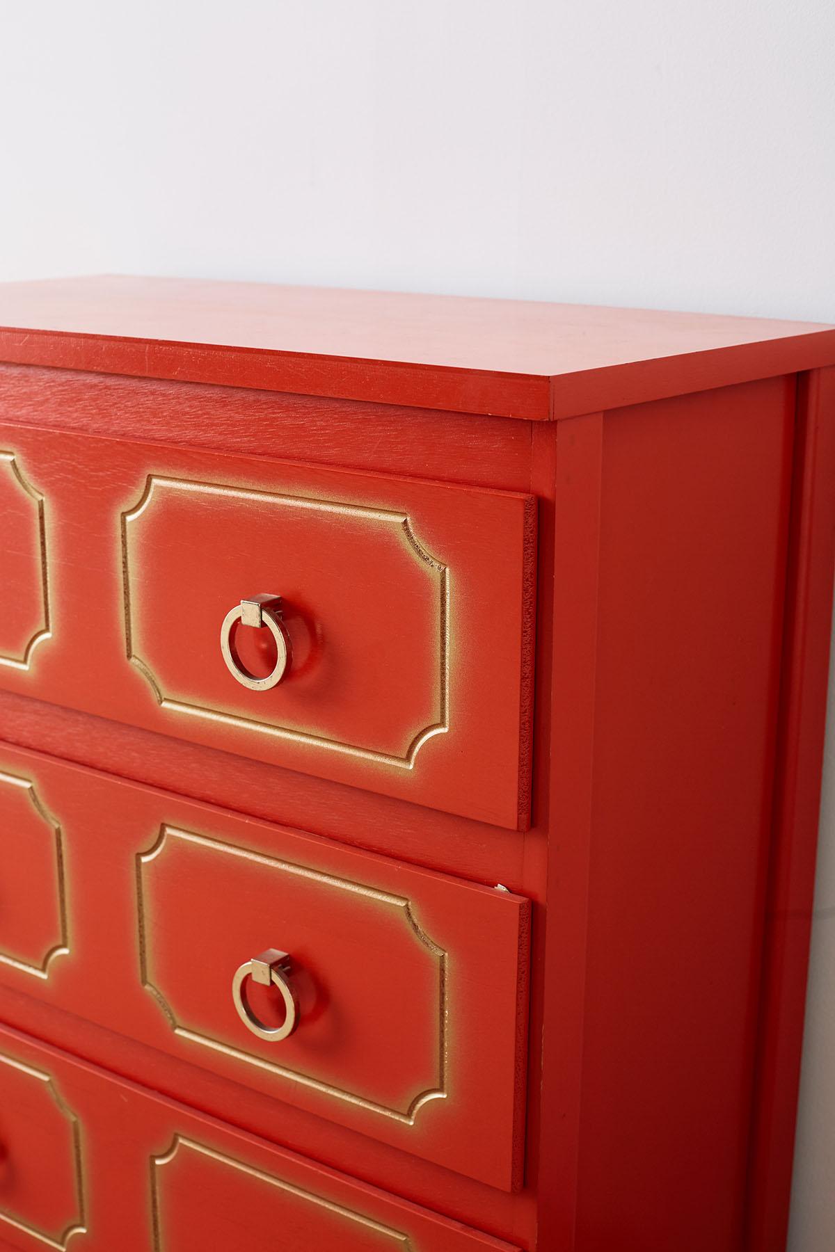 20th Century Dorothy Draper Style Coral Red Commode or Chest