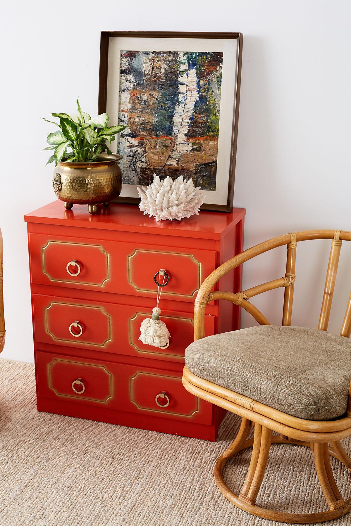 Wood Dorothy Draper Style Coral Red Commode or Chest