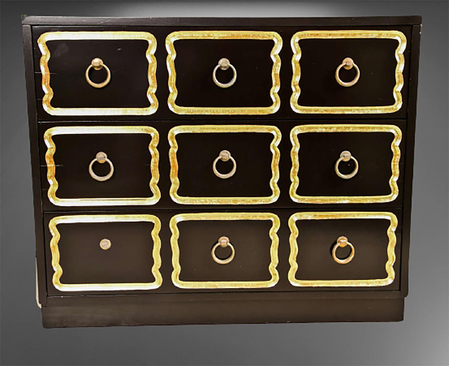 A three-drawer ebonized and parcel-gilt in the manner of Dorothy Draper España dresser. In fine condition, recently painted and polished.