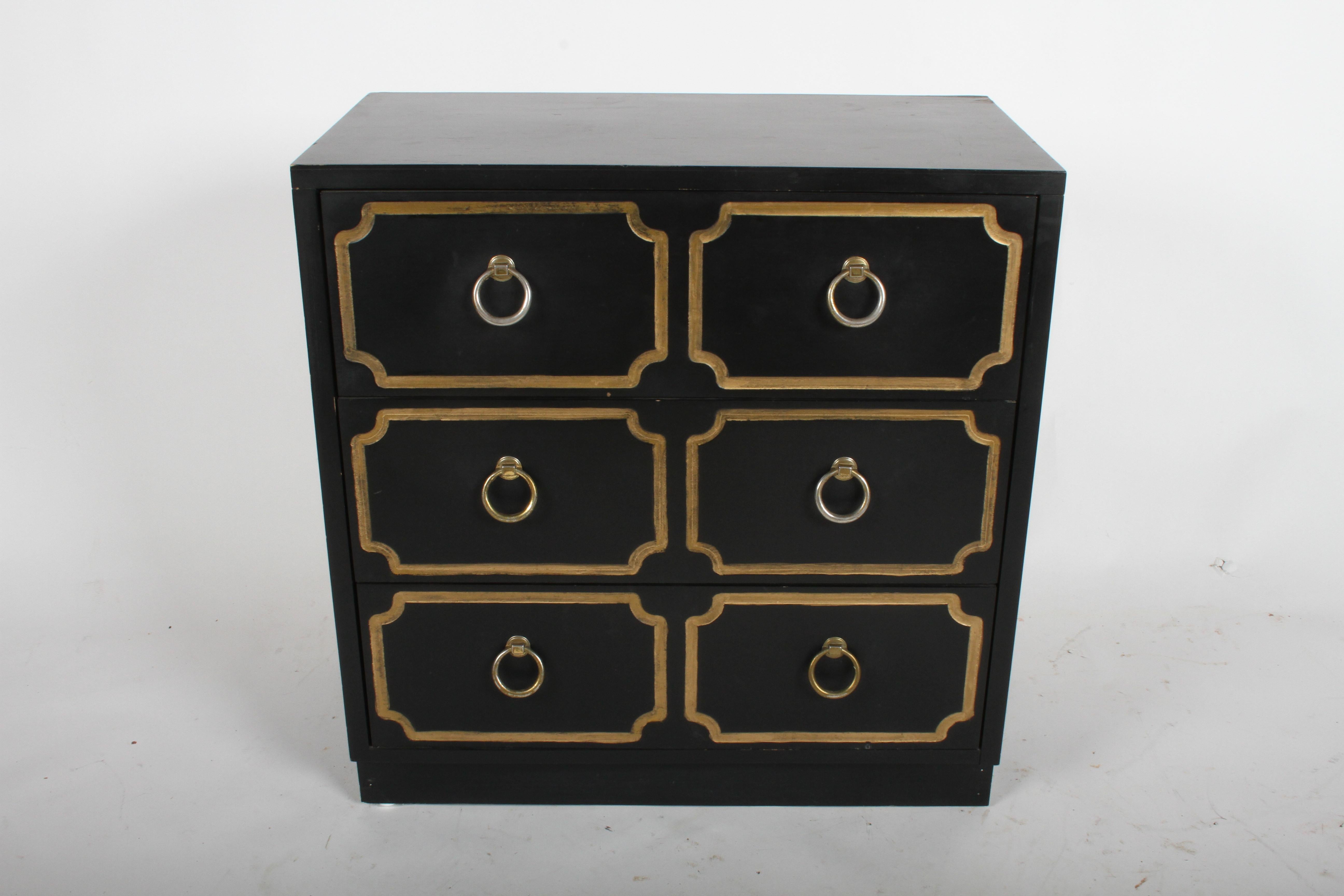 Hollywood Regency Dorothy Draper style chest of drawers or nightstand in black and gold, similar to the 