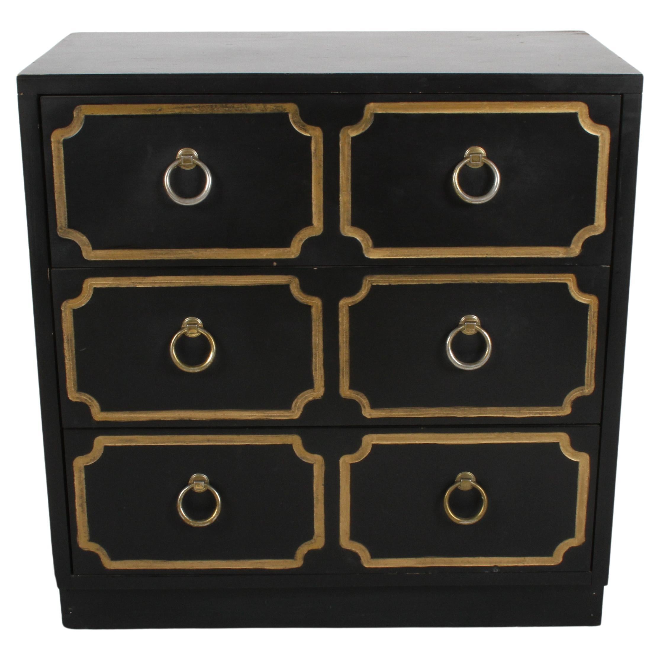 Dorothy Draper Style "España" Group Black & Gold Cabinet, Dresser or Night Stand