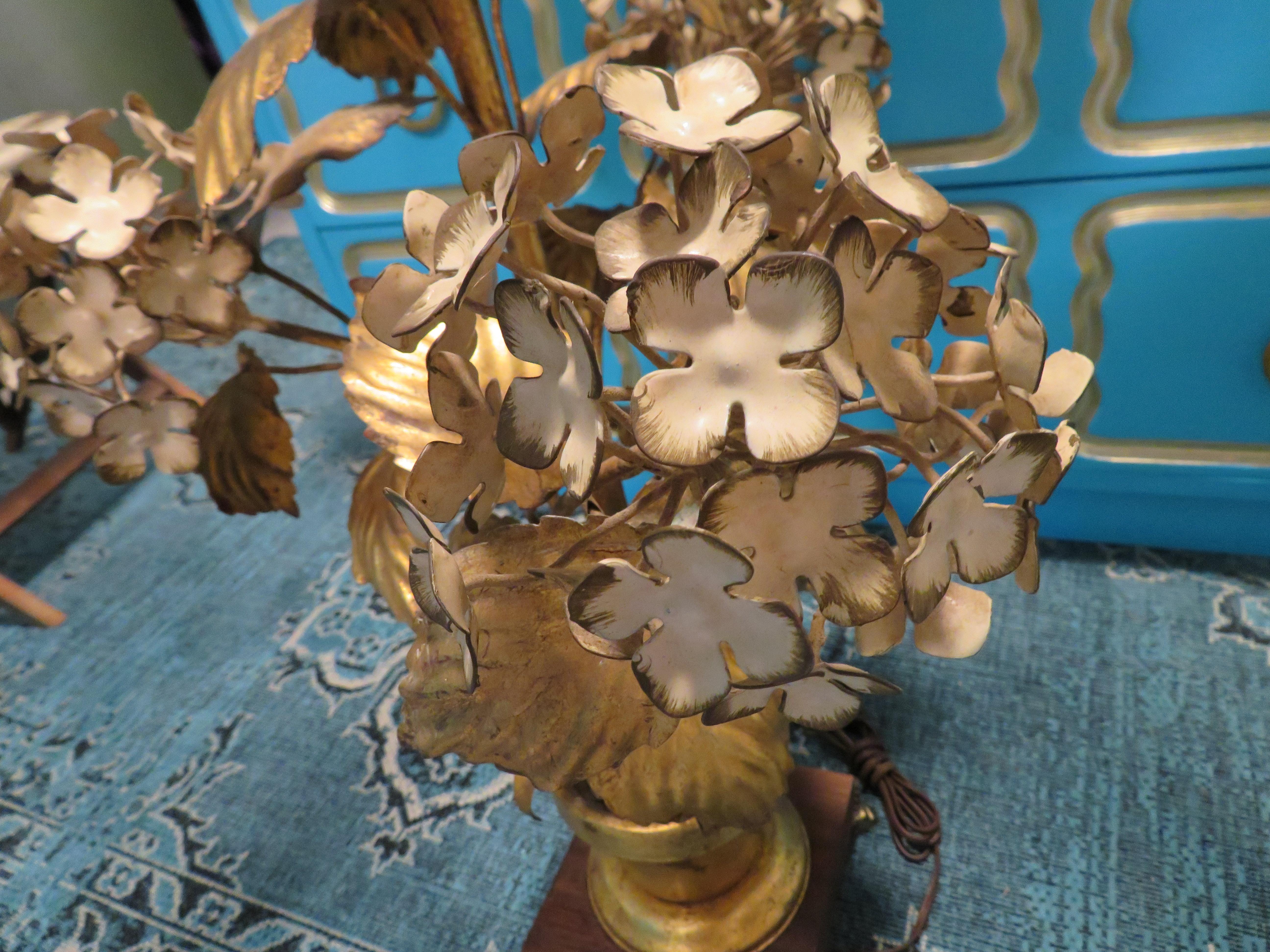 Italian Dorothy Draper Style Gilt Gold Tole Hydrangea Lamp Hollywood Regency