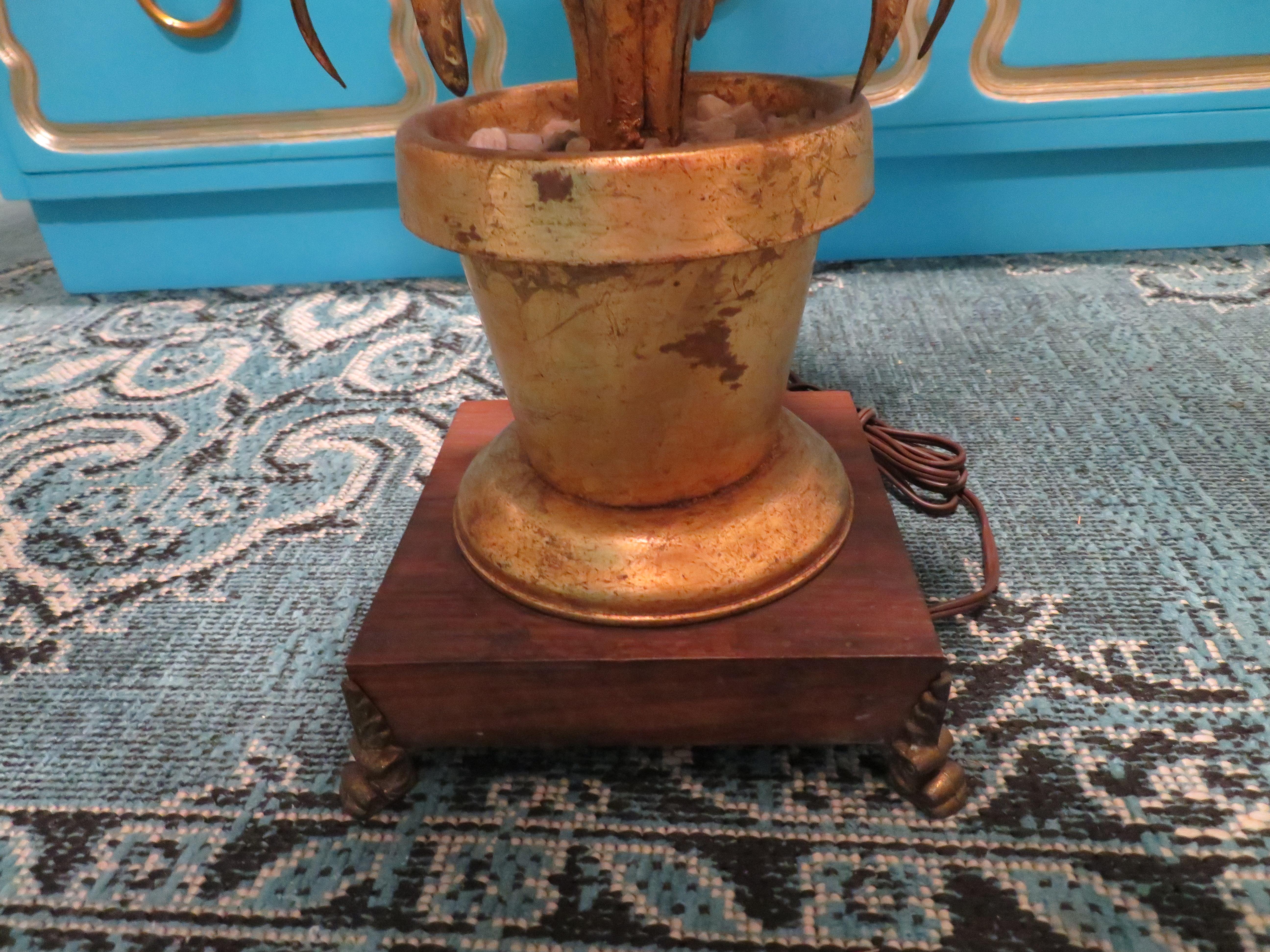 Painted Dorothy Draper Style Gilt Gold Tole Hydrangea Lamp Hollywood Regency