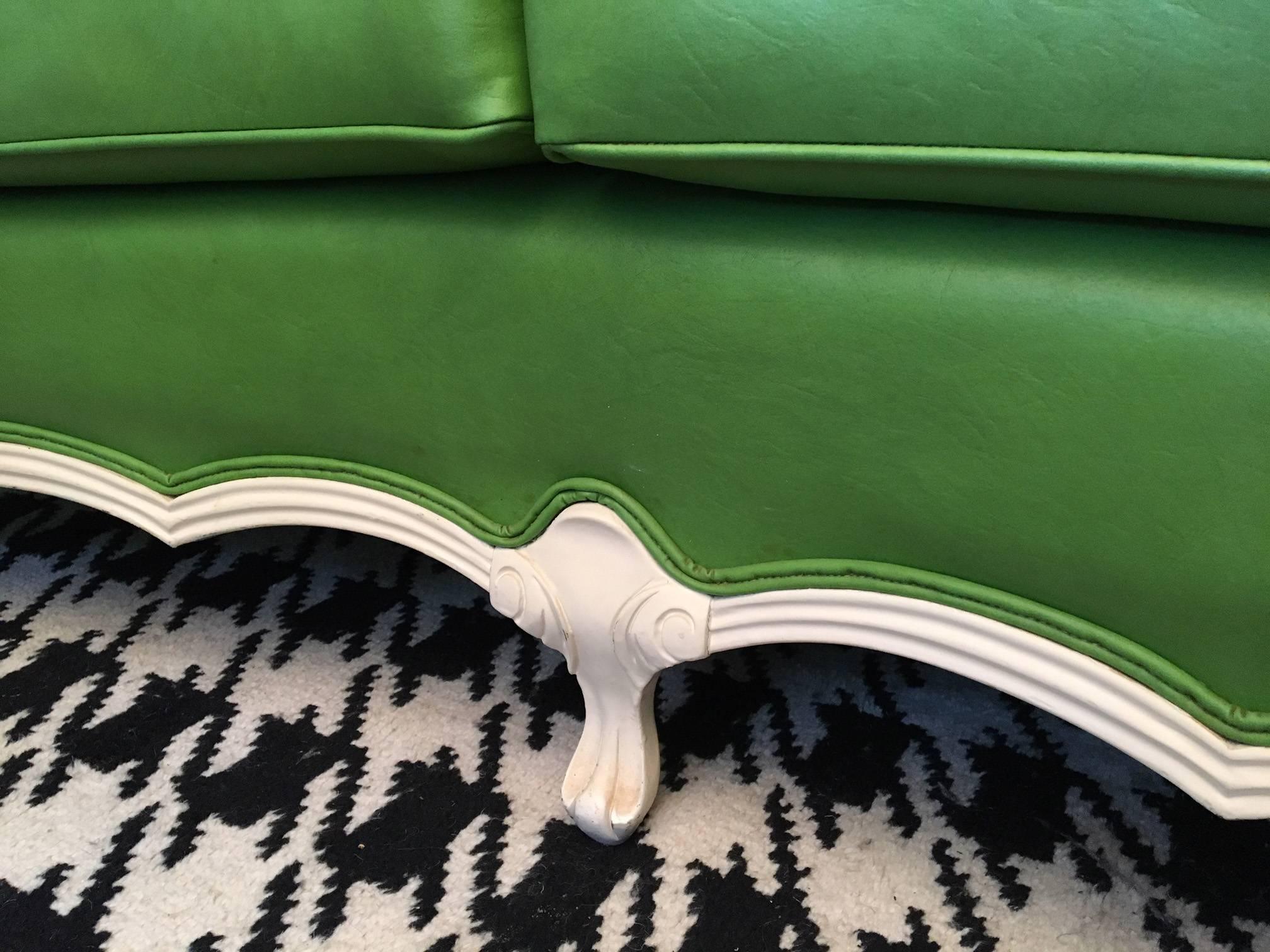 Hollywood Regency Dorothy Draper Style Green Leather French Provincial Sofa