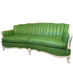 Retro Dorothy Draper Style Green Leather French Provincial Sofa