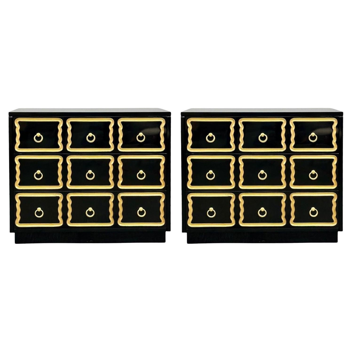Dorothy Draper Style, Hollywood Regency, Black Lacquer, Gilt, Brass, Commodes