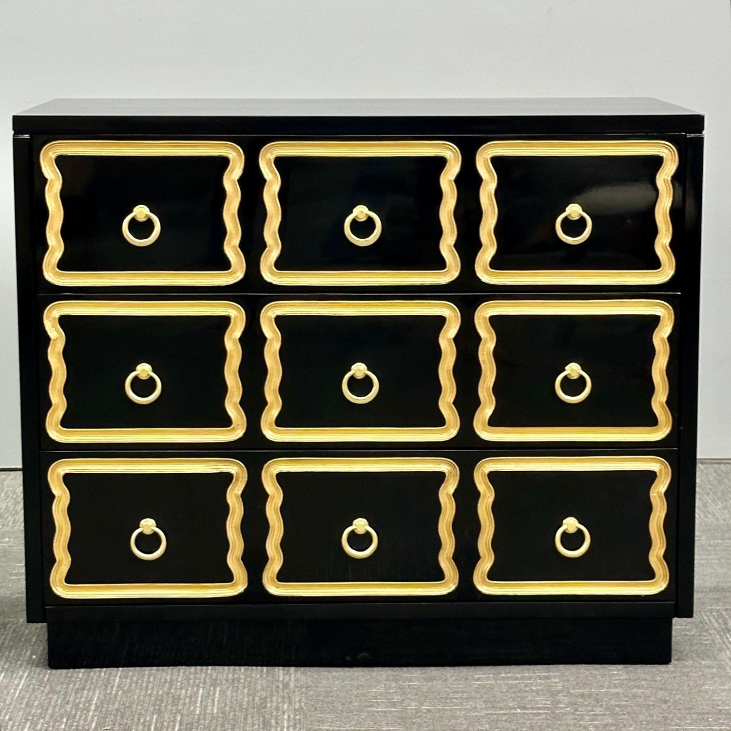Americano Stile Dorothy Draper, Hollywood Regency, Commodes, Laccato nero, Dorato, Ottone