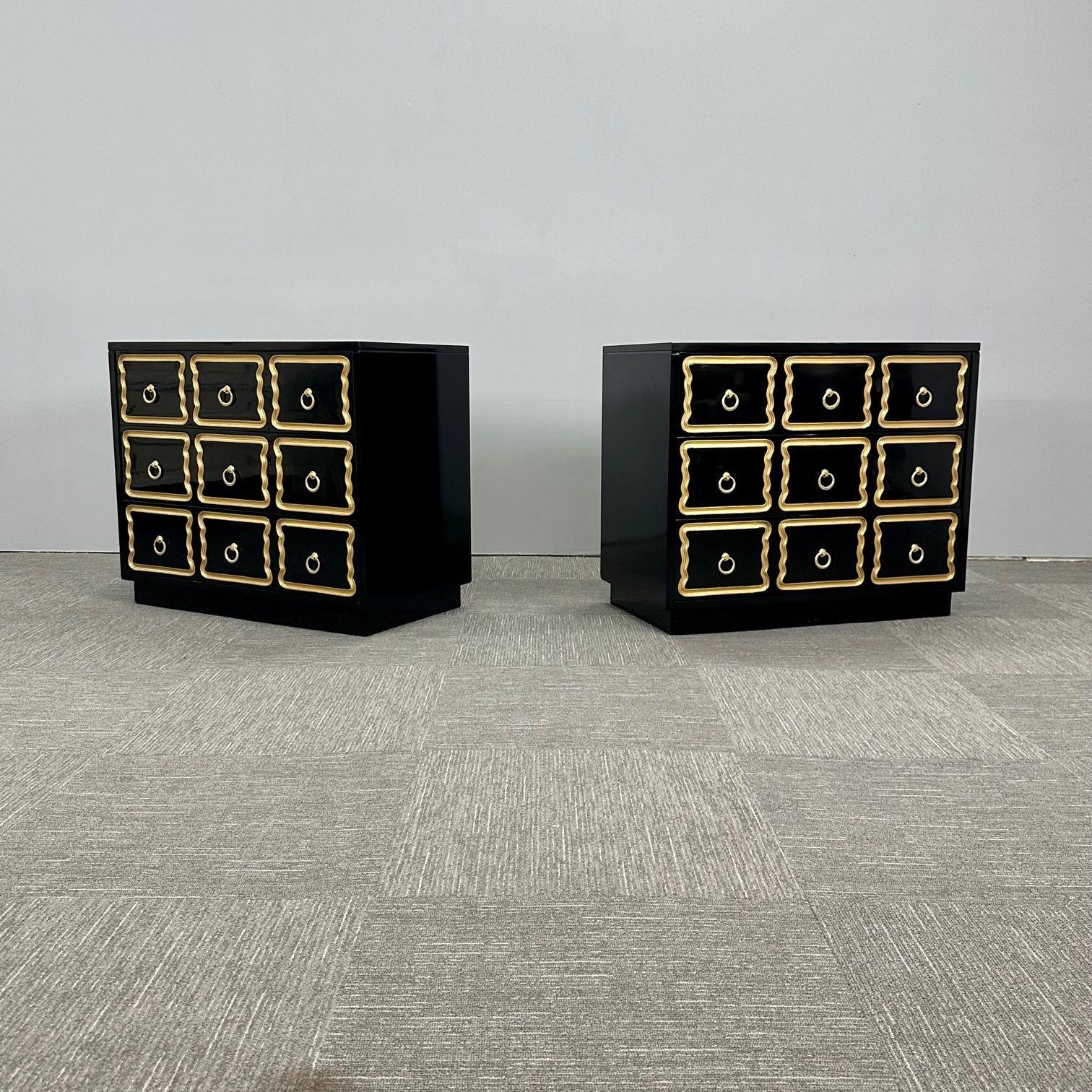 XXI secolo e contemporaneo Stile Dorothy Draper, Hollywood Regency, Commodes, Laccato nero, Dorato, Ottone