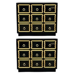 Stile Dorothy Draper, Hollywood Regency, Commodes, Laccato nero, Dorato, Ottone