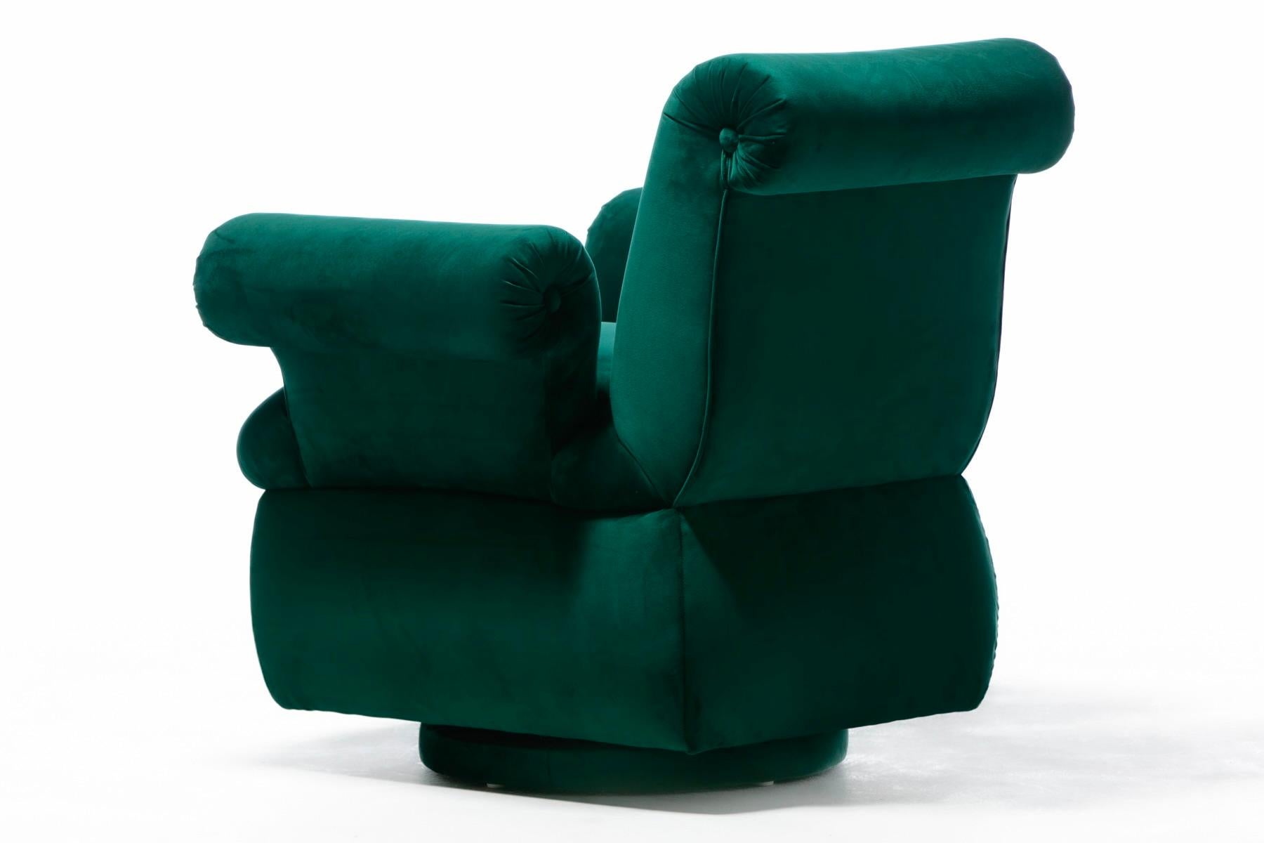 Dorothy Draper Style Hollywood Regency Swivel Arm Chairs in Emerald Velvet For Sale 5