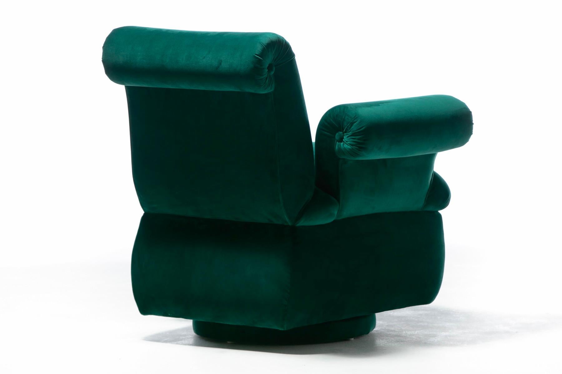 Dorothy Draper Style Hollywood Regency Swivel Arm Chairs in Emerald Velvet For Sale 6