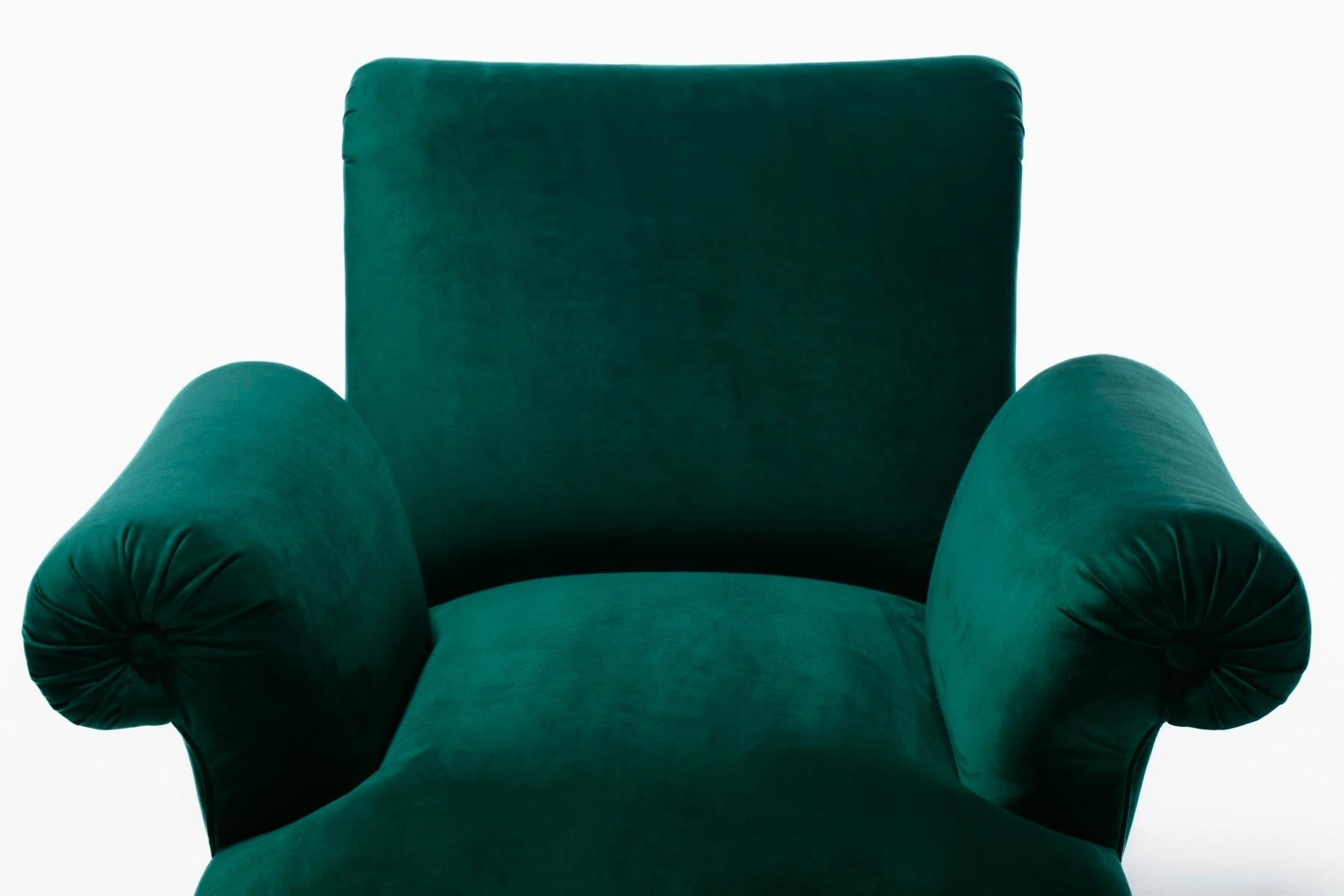 Dorothy Draper Style Hollywood Regency Swivel Arm Chairs in Emerald Velvet For Sale 7