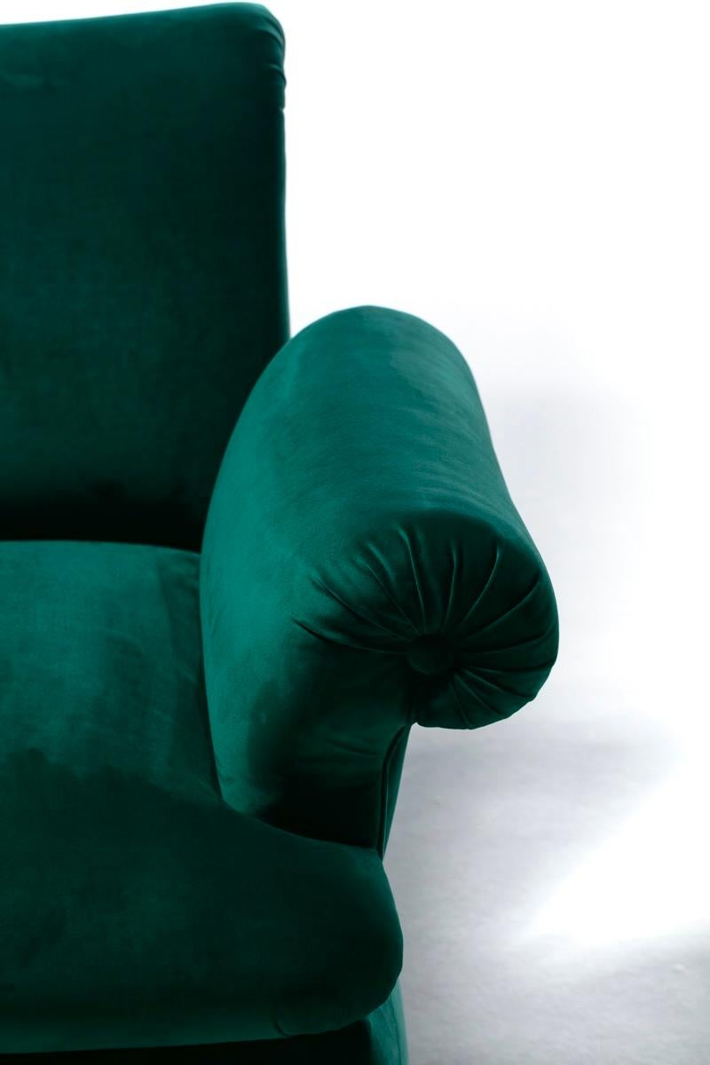 Dorothy Draper Style Hollywood Regency Swivel Arm Chairs in Emerald Velvet For Sale 9