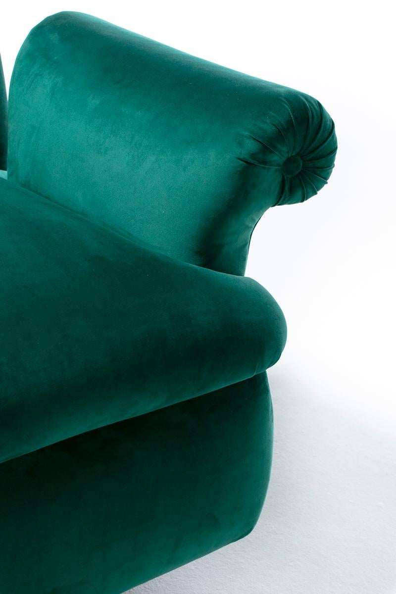 Dorothy Draper Style Hollywood Regency Swivel Arm Chairs in Emerald Velvet For Sale 12