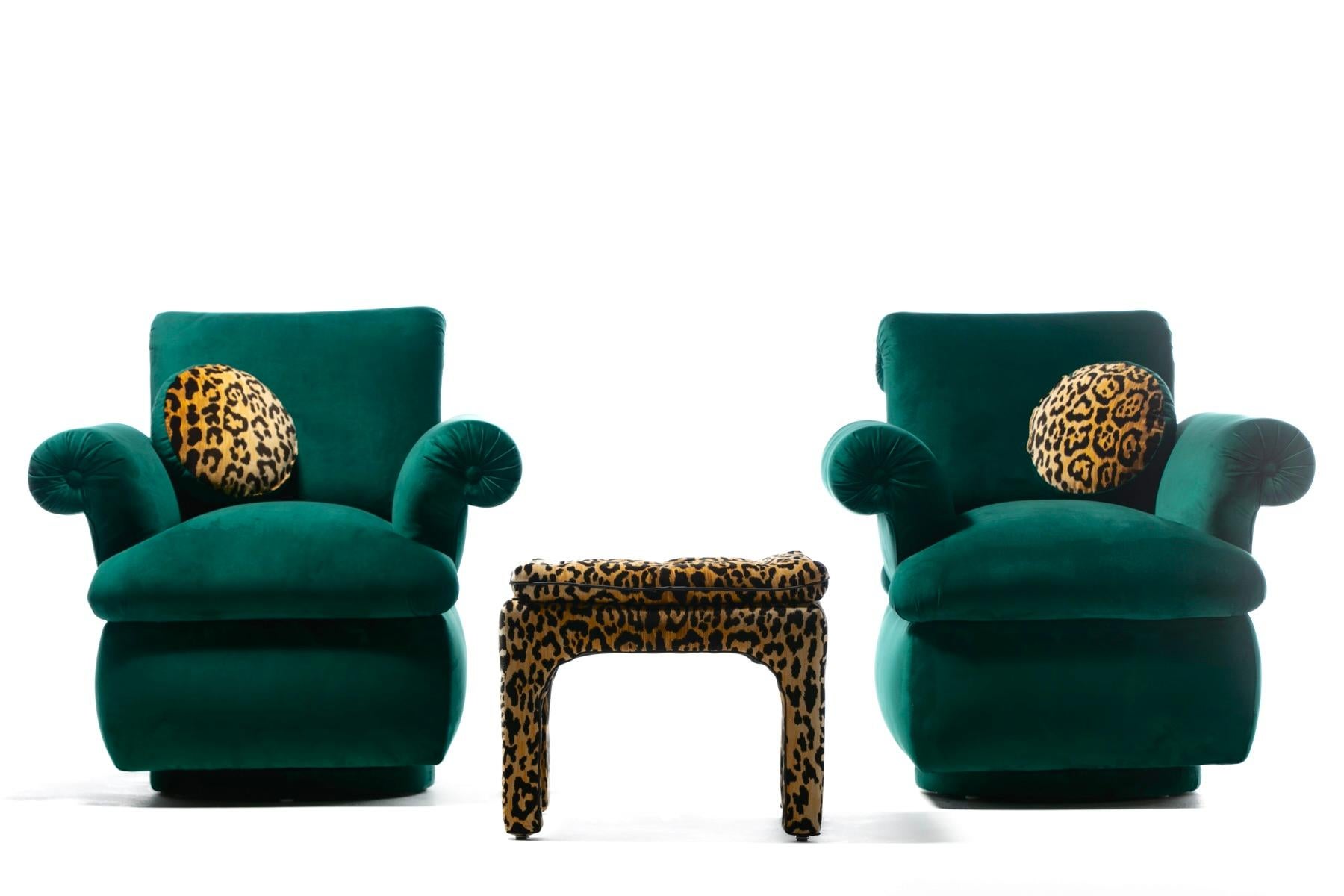 Swivel elegantly about and take in the room in these gregarious emerald velvet Dorothy Draper style swivel chairs. From every single angle - every single one - these chairs deliver sculptural elegance that beckons. Fun. Unexpected. High fashion