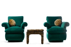 Dorothy Draper Style Hollywood Regency Swivel Arm Chairs in Emerald Velvet