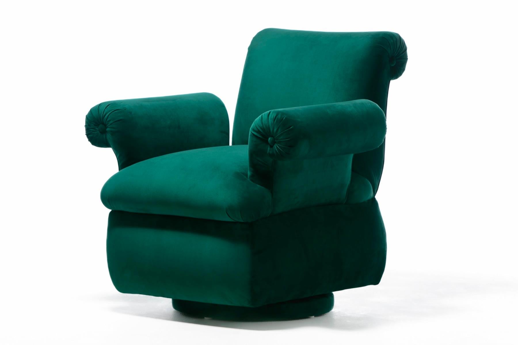 Dorothy Draper Style Hollywood Regency Swivel Arm Chairs in Emerald Velvet For Sale 3
