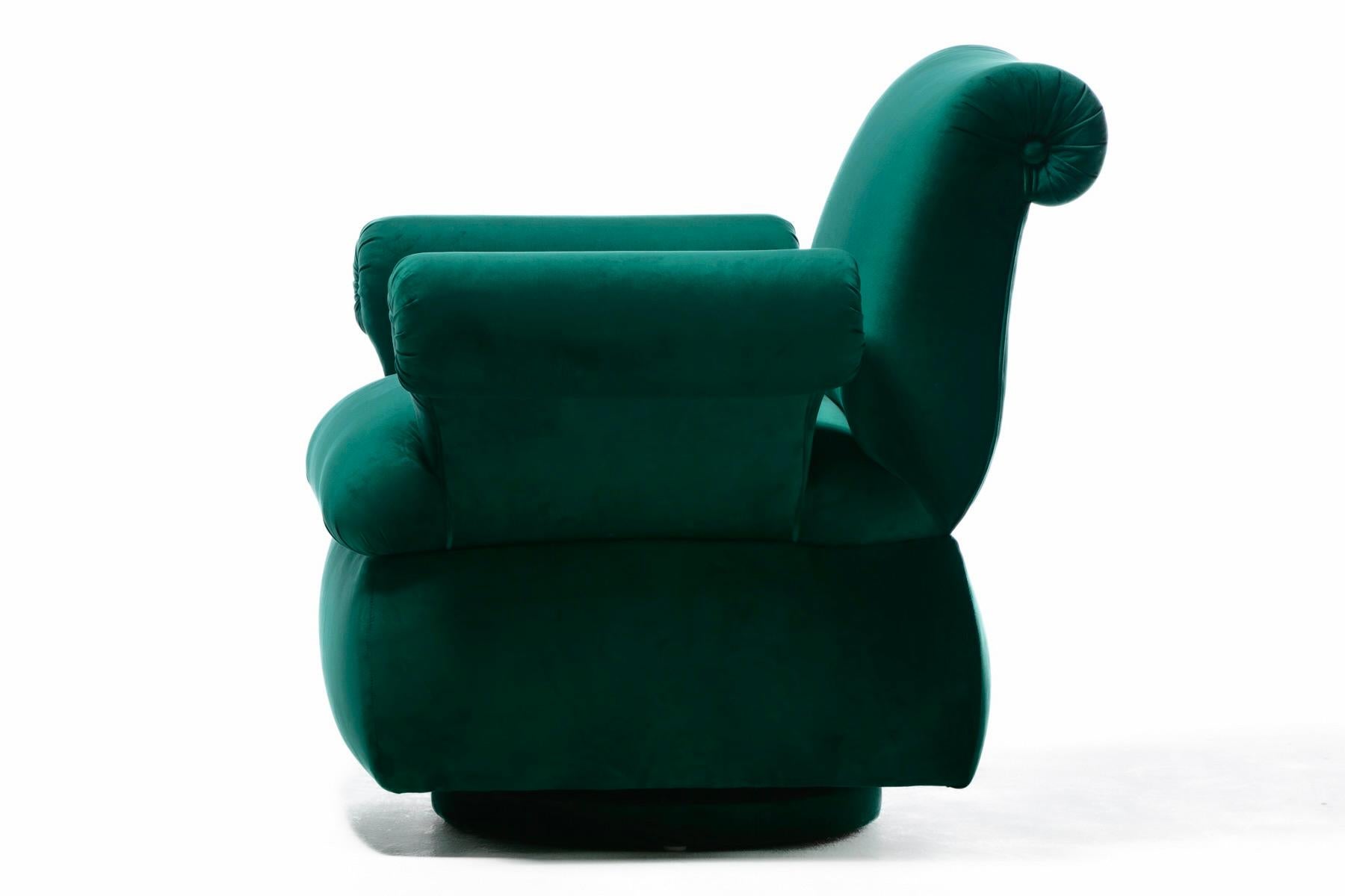 Dorothy Draper Style Hollywood Regency Swivel Arm Chairs in Emerald Velvet For Sale 4