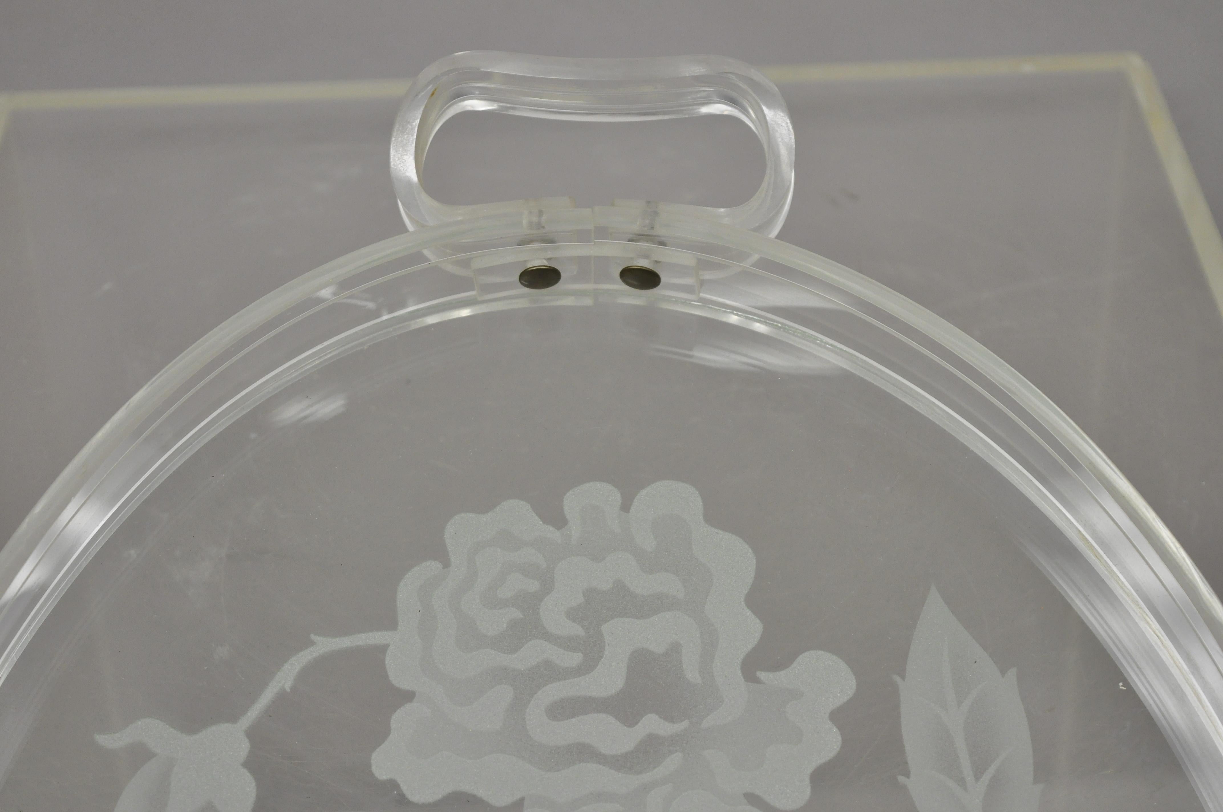 Mid-Century Modern Dorothy Draper Style Mid Century Floral Etched Glass Lucite Serving Tray Platter