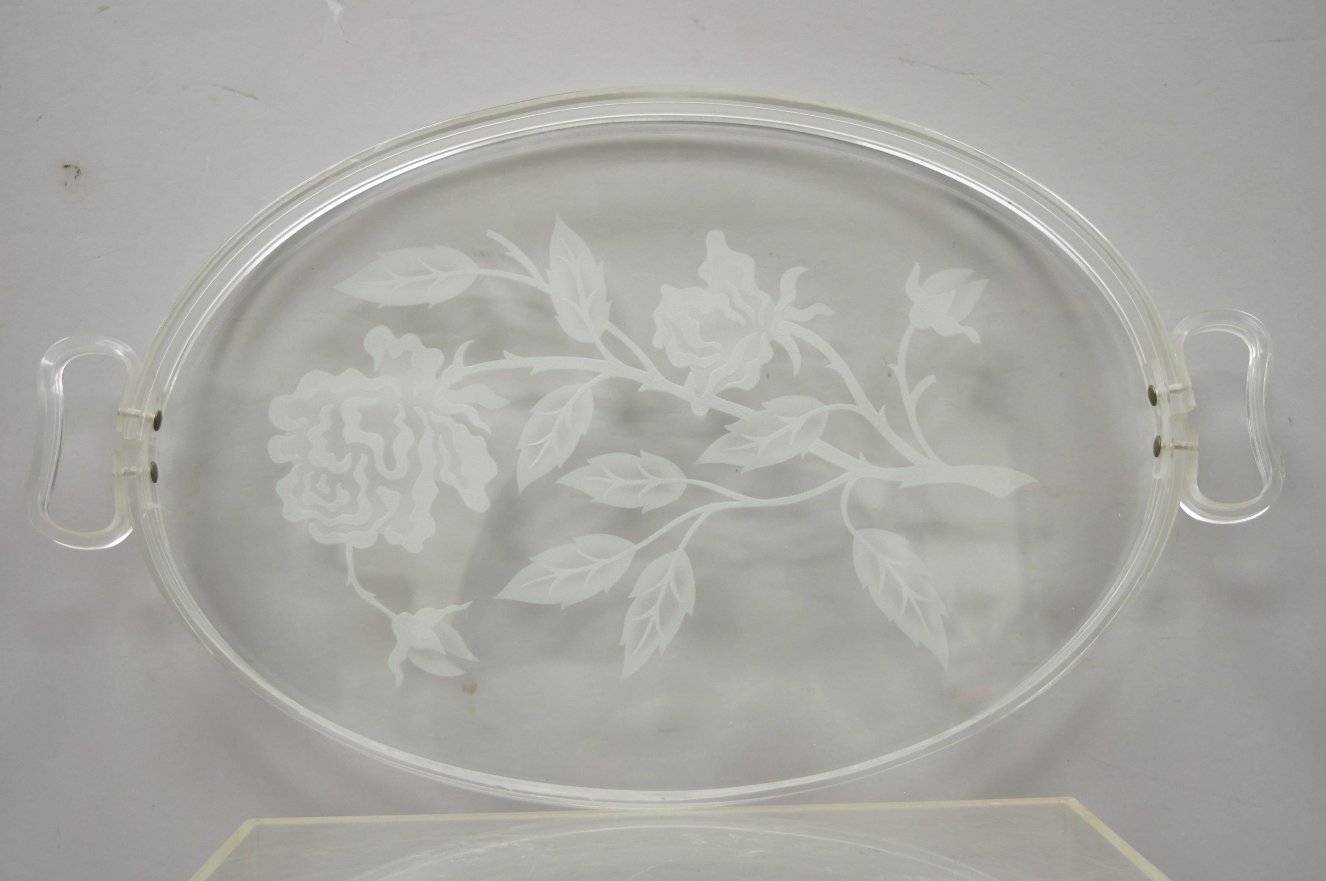 20th Century Dorothy Draper Style Mid Century Floral Etched Glass Lucite Serving Tray Platter
