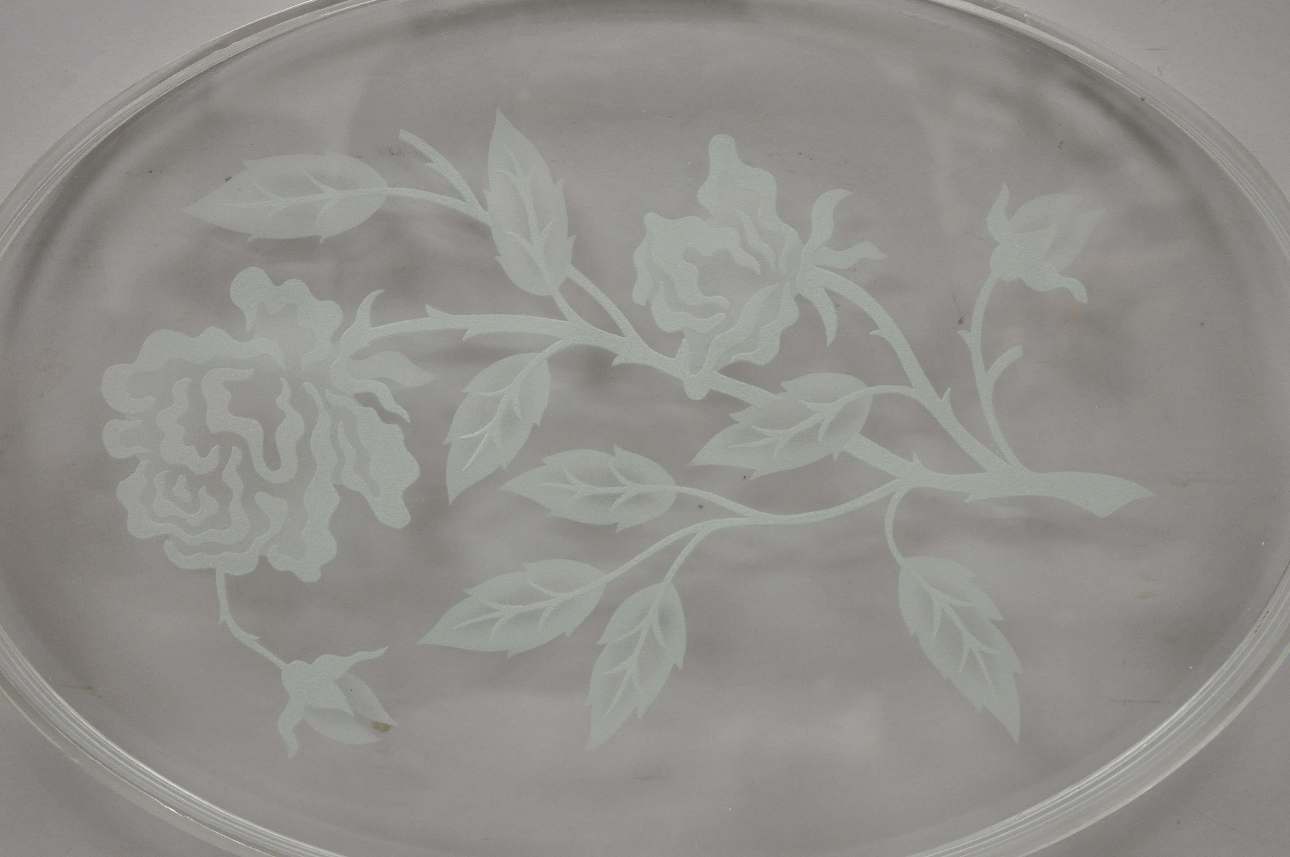 Dorothy Draper Style Mid Century Floral Etched Glass Lucite Serving Tray Platter 1