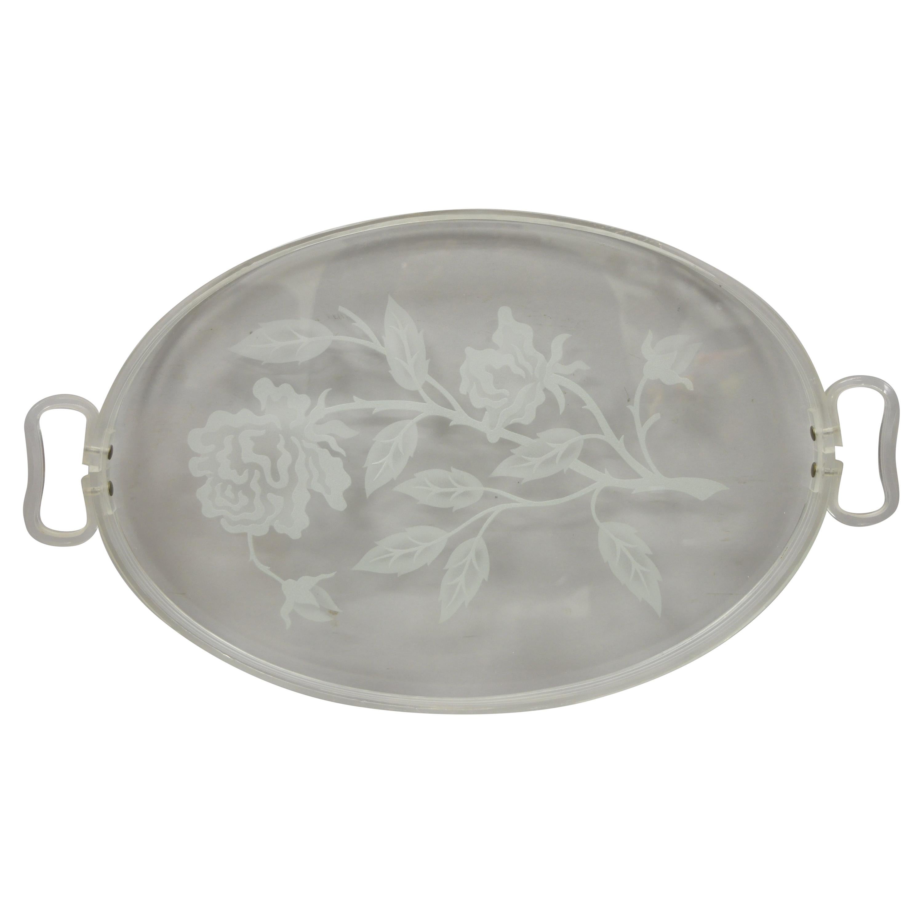 Dorothy Draper Style Mid Century Floral Etched Glass Lucite Serving Tray Platter