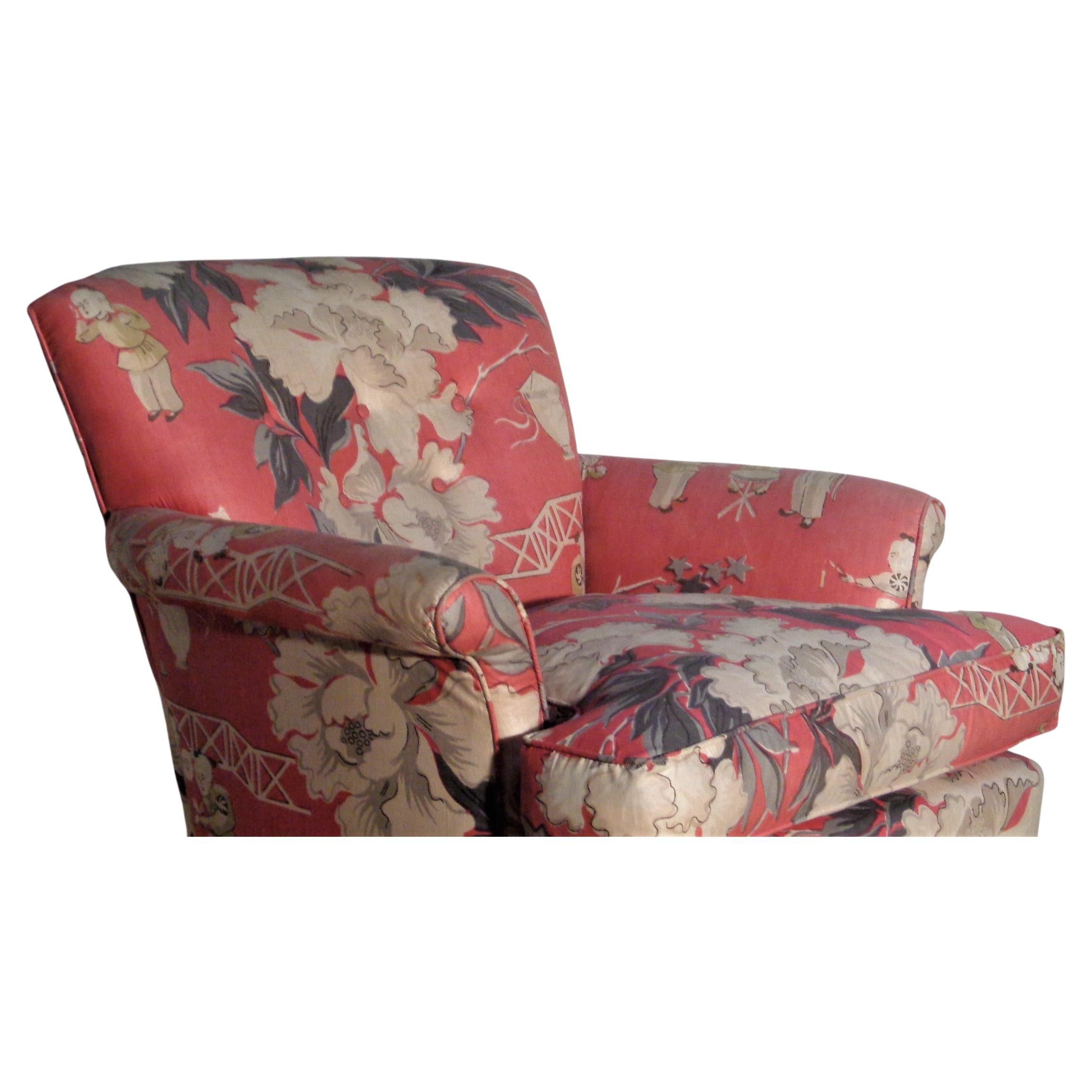  Dorothy Draper Style Original Chinoiserie Upholstered Lounge Chair, 1940's For Sale 3