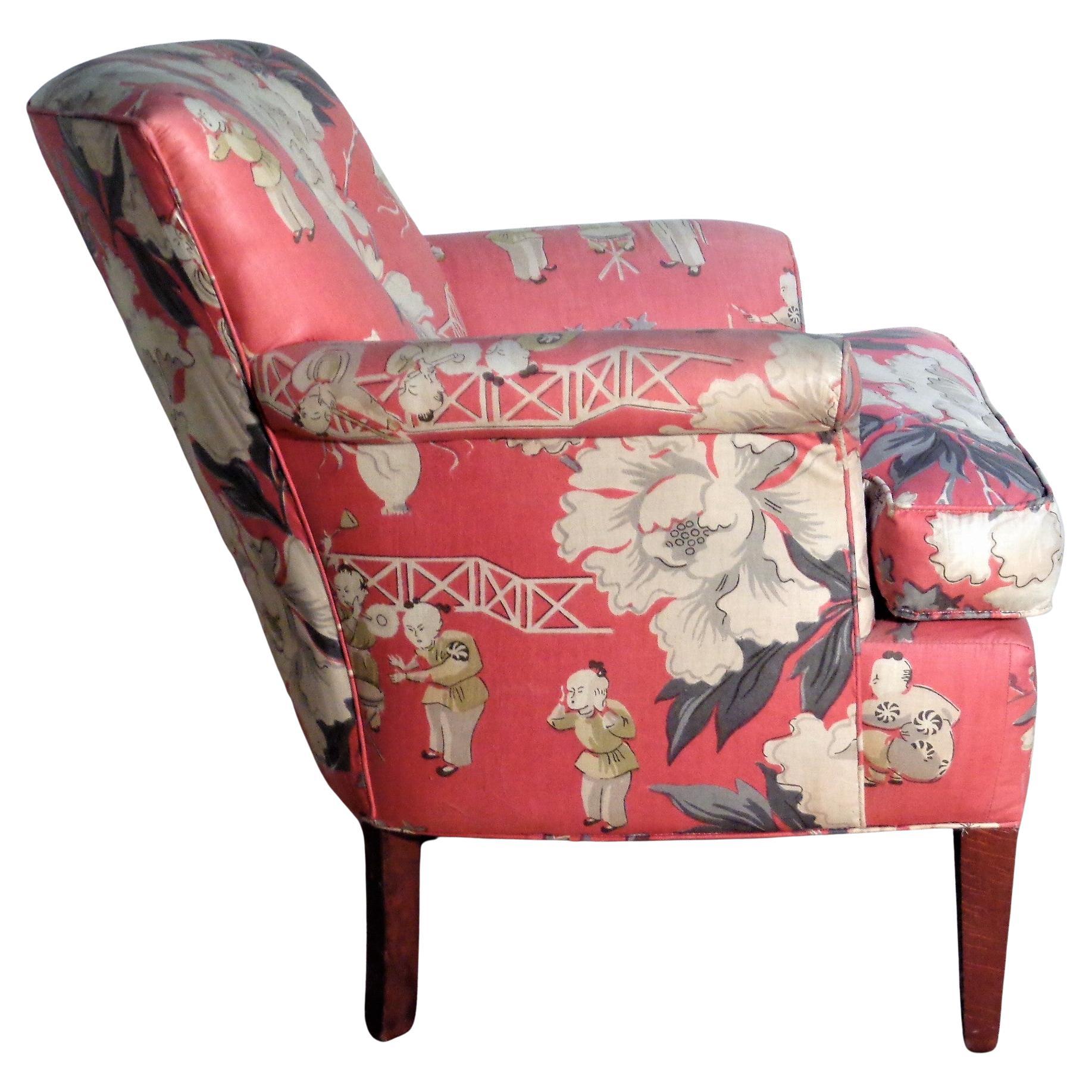  Dorothy Draper Style Original Chinoiserie Upholstered Lounge Chair, 1940's For Sale 4