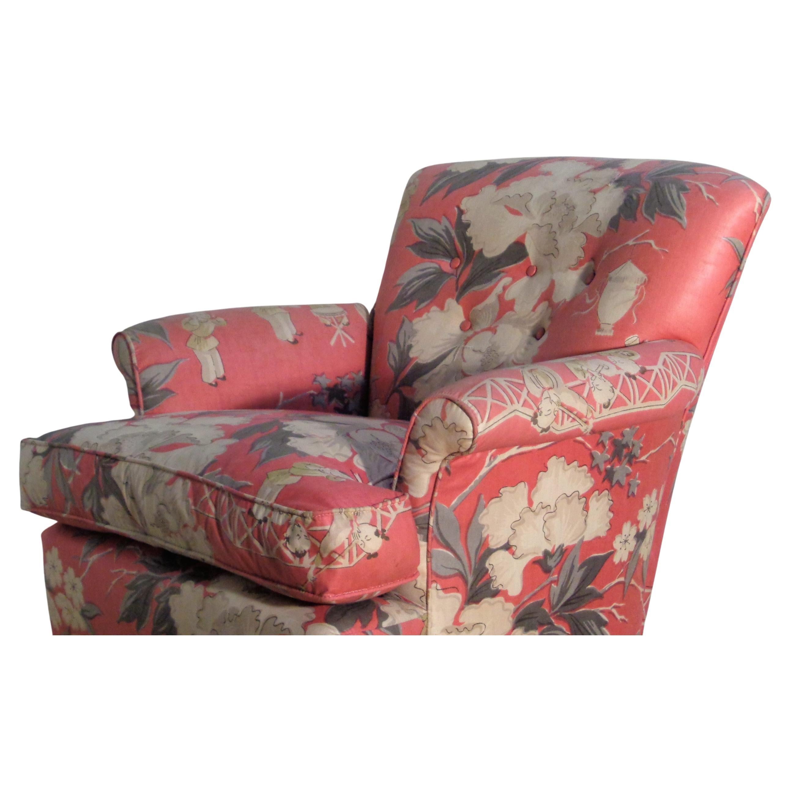 American  Dorothy Draper Style Original Chinoiserie Upholstered Lounge Chair, 1940's For Sale