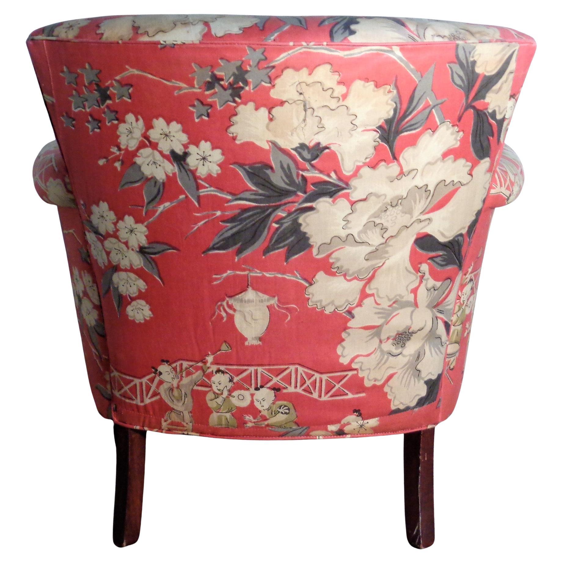  Dorothy Draper Style Original Chinoiserie Upholstered Lounge Chair, 1940's In Good Condition For Sale In Rochester, NY