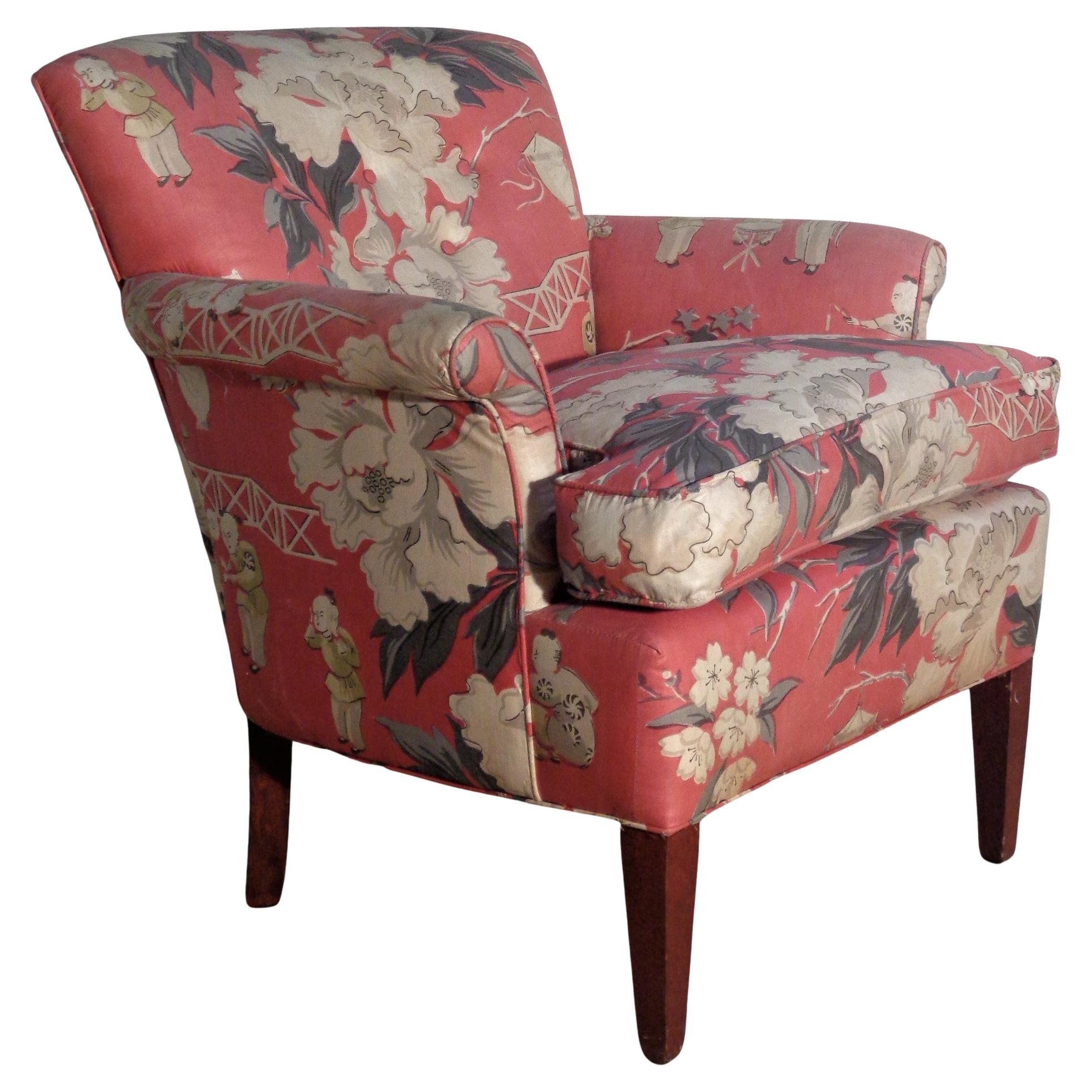  Dorothy Draper Style Original Chinoiserie Upholstered Lounge Chair, 1940's For Sale 1