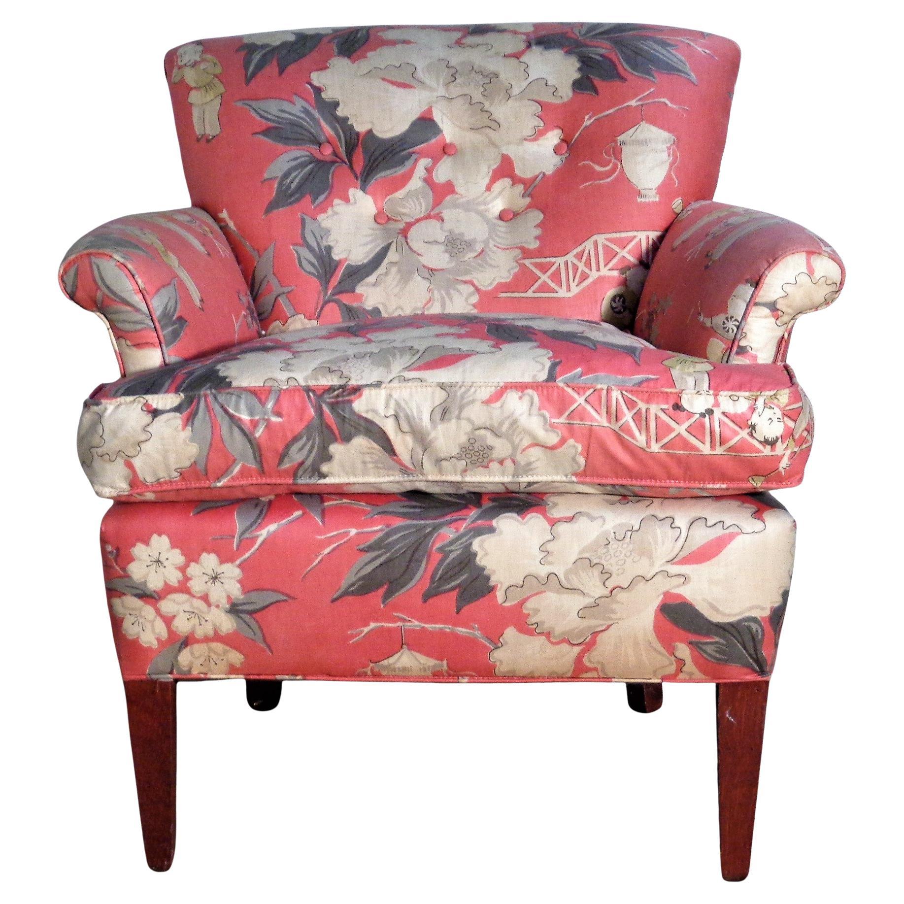  Dorothy Draper Style Original Chinoiserie Upholstered Lounge Chair, 1940's For Sale