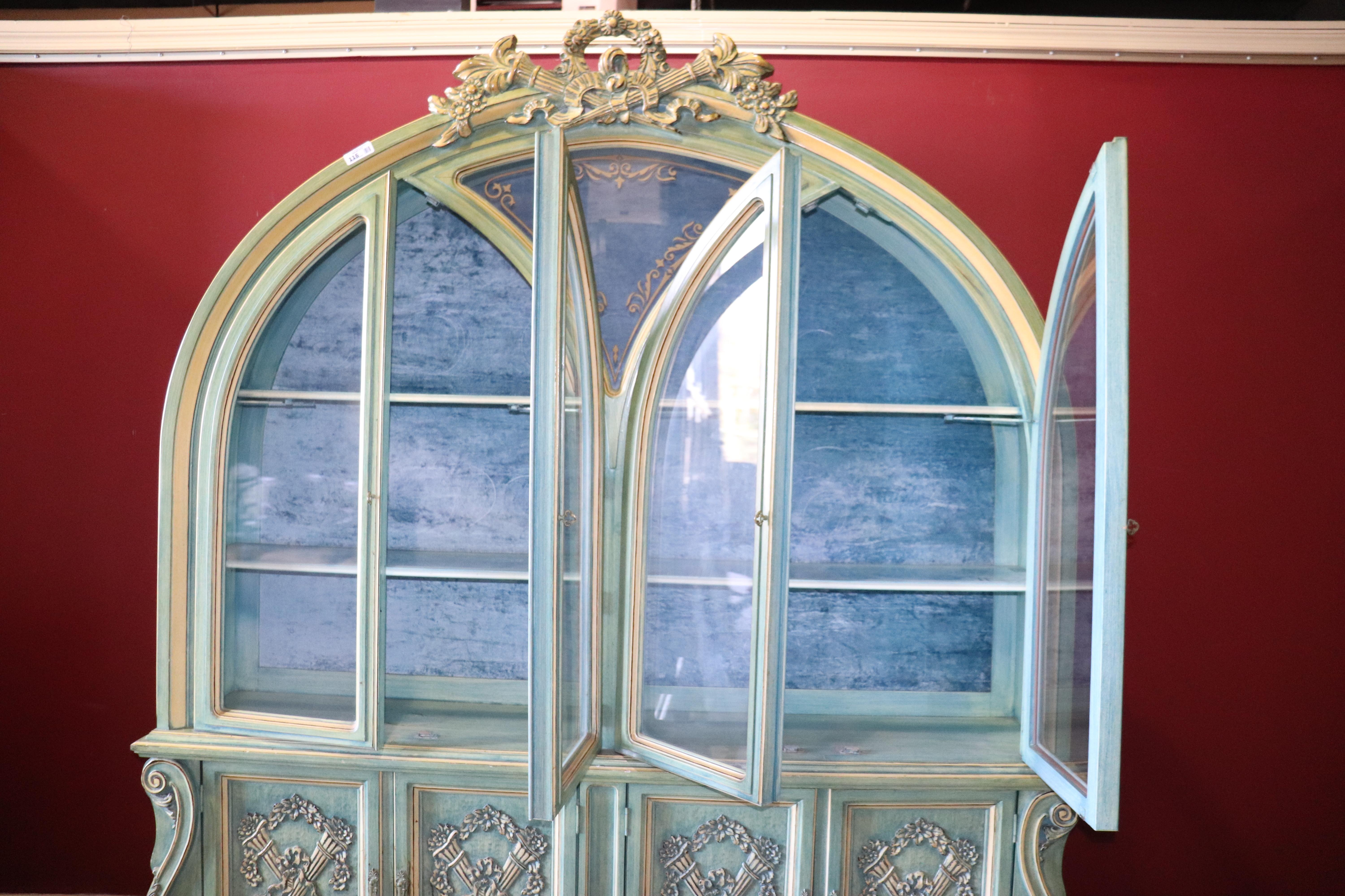 Dorothy Draper Style Painted French Louis XVI Breakfront China Cabinet Vitrine 5
