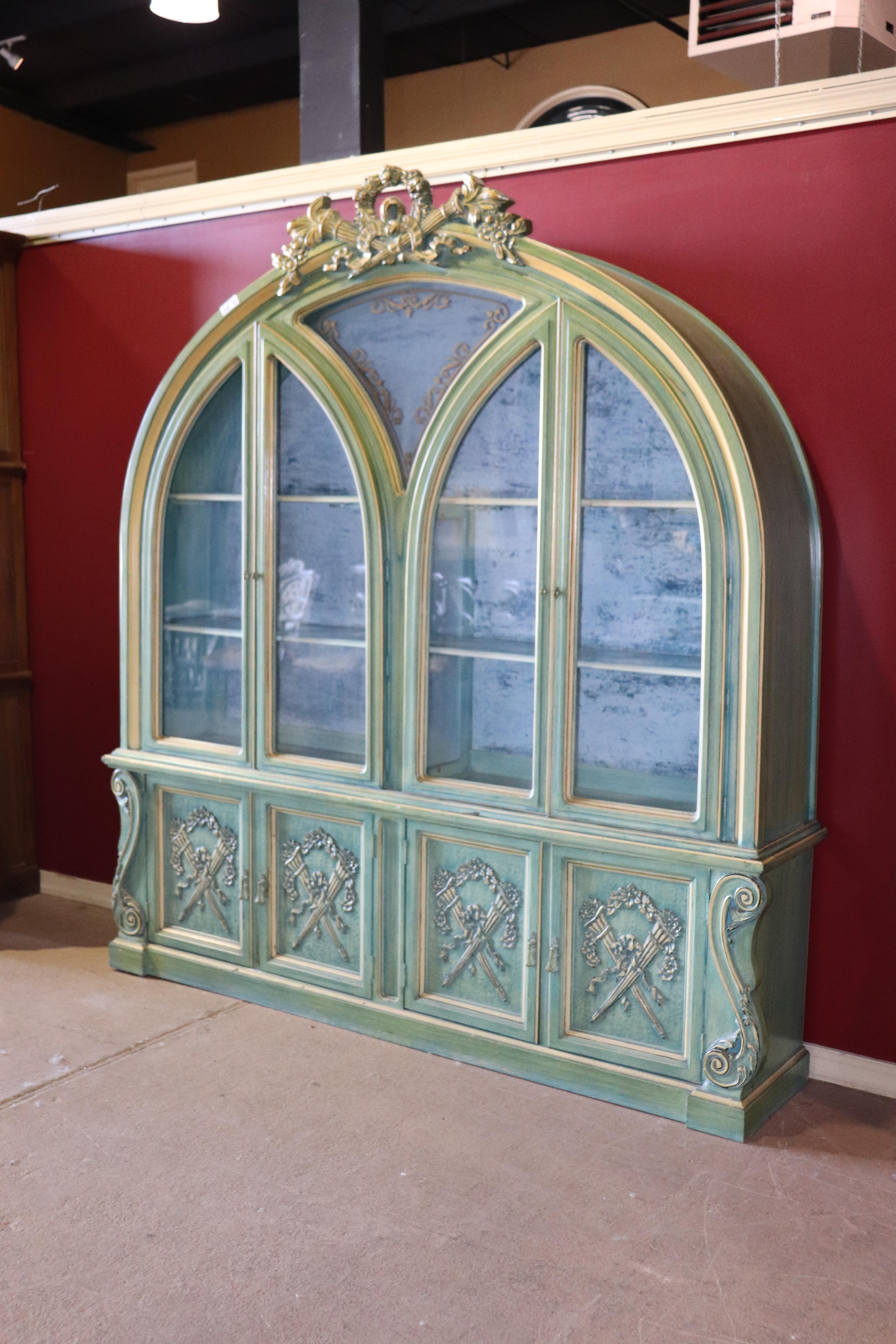 American Dorothy Draper Style Painted French Louis XVI Breakfront China Cabinet Vitrine