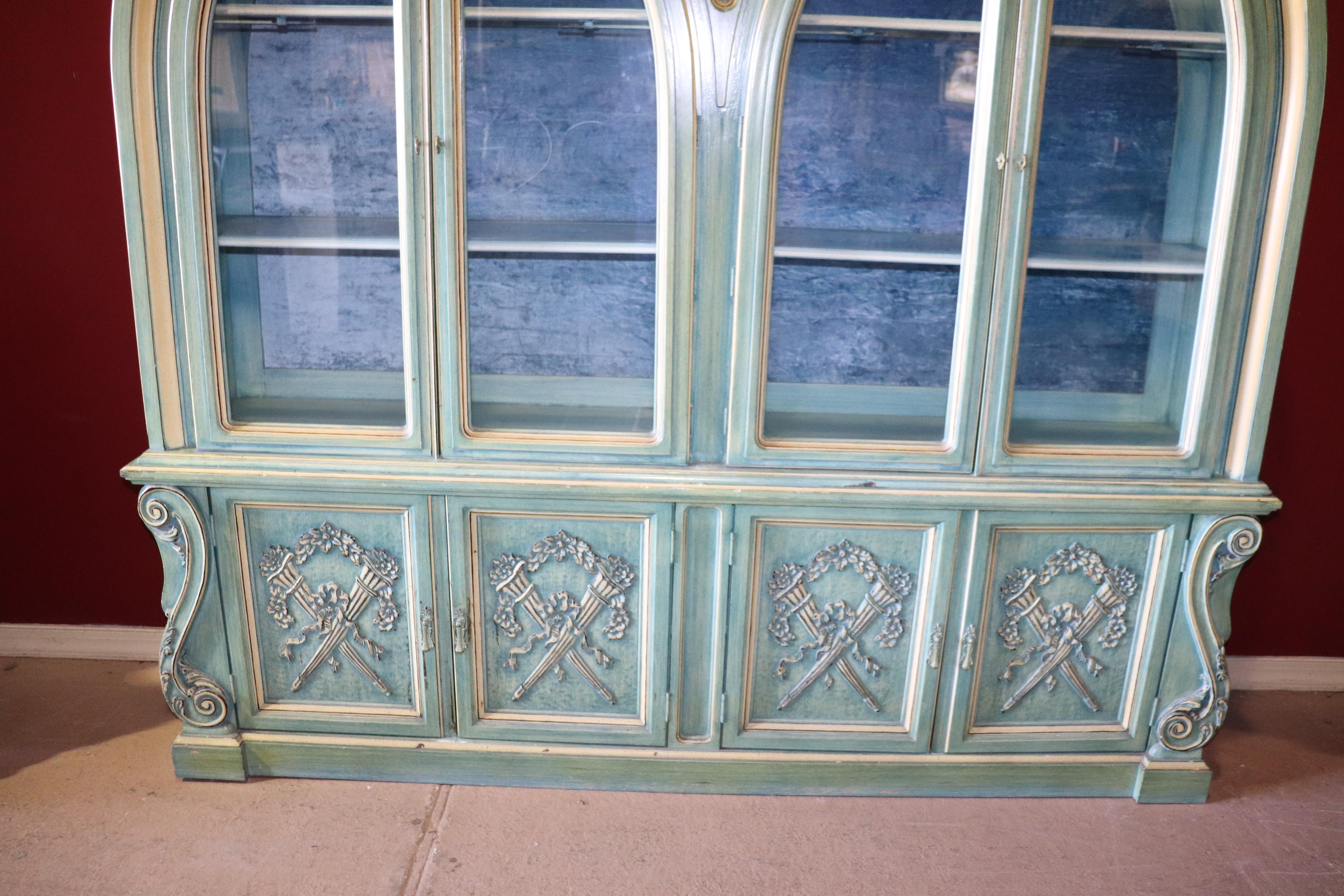 Mid-20th Century Dorothy Draper Style Painted French Louis XVI Breakfront China Cabinet Vitrine