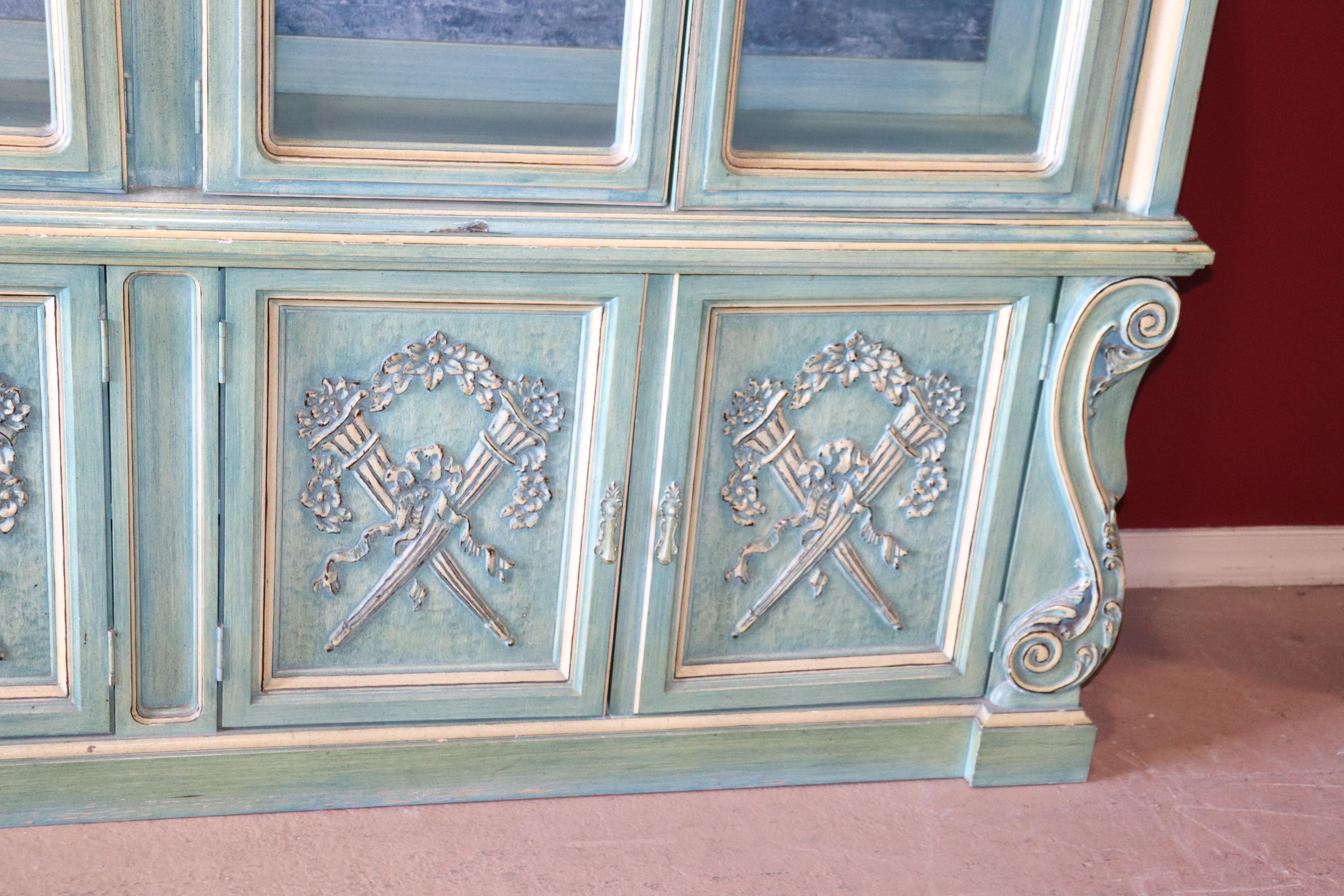 Walnut Dorothy Draper Style Painted French Louis XVI Breakfront China Cabinet Vitrine