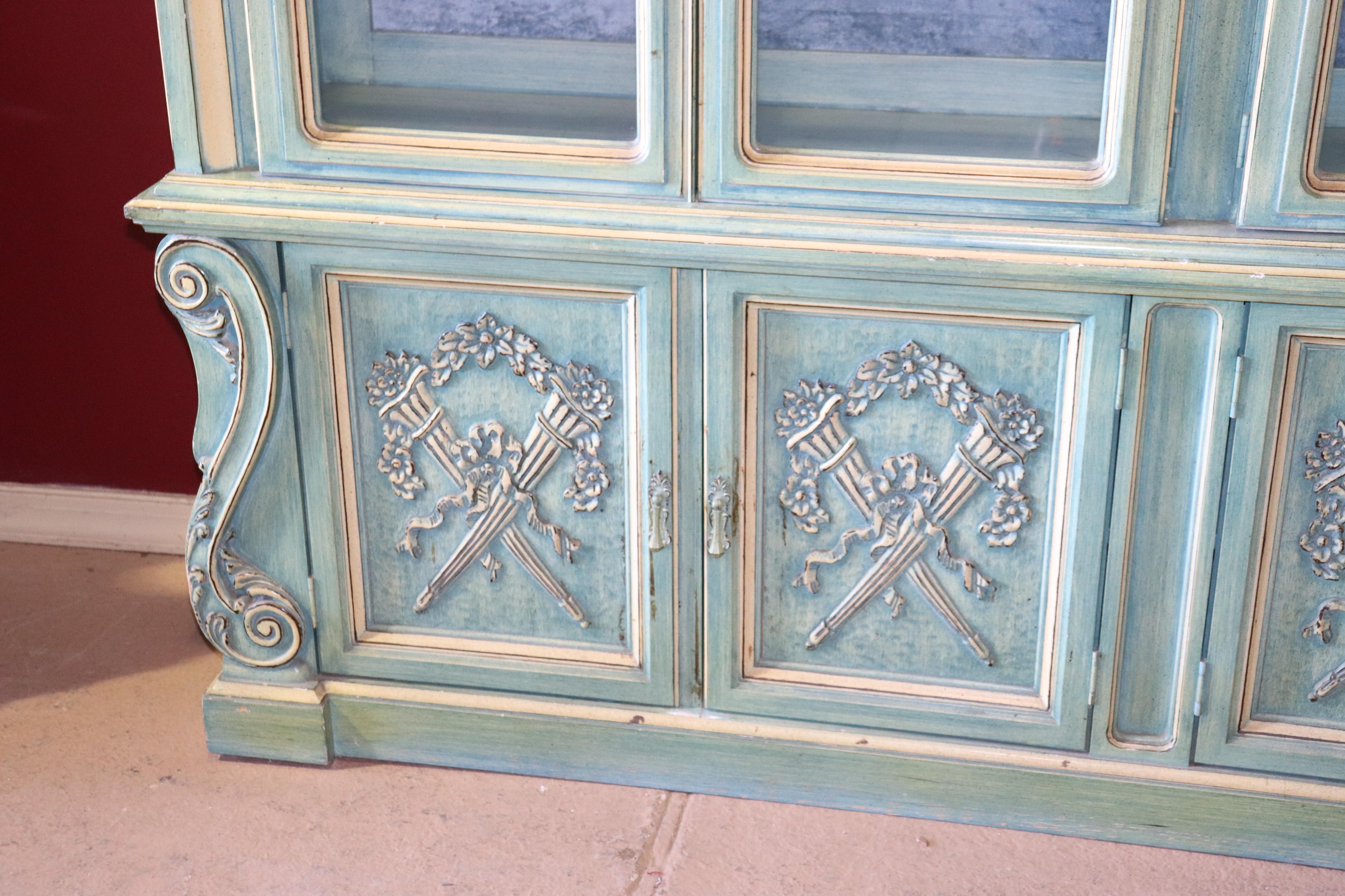 Dorothy Draper Style Painted French Louis XVI Breakfront China Cabinet Vitrine 1