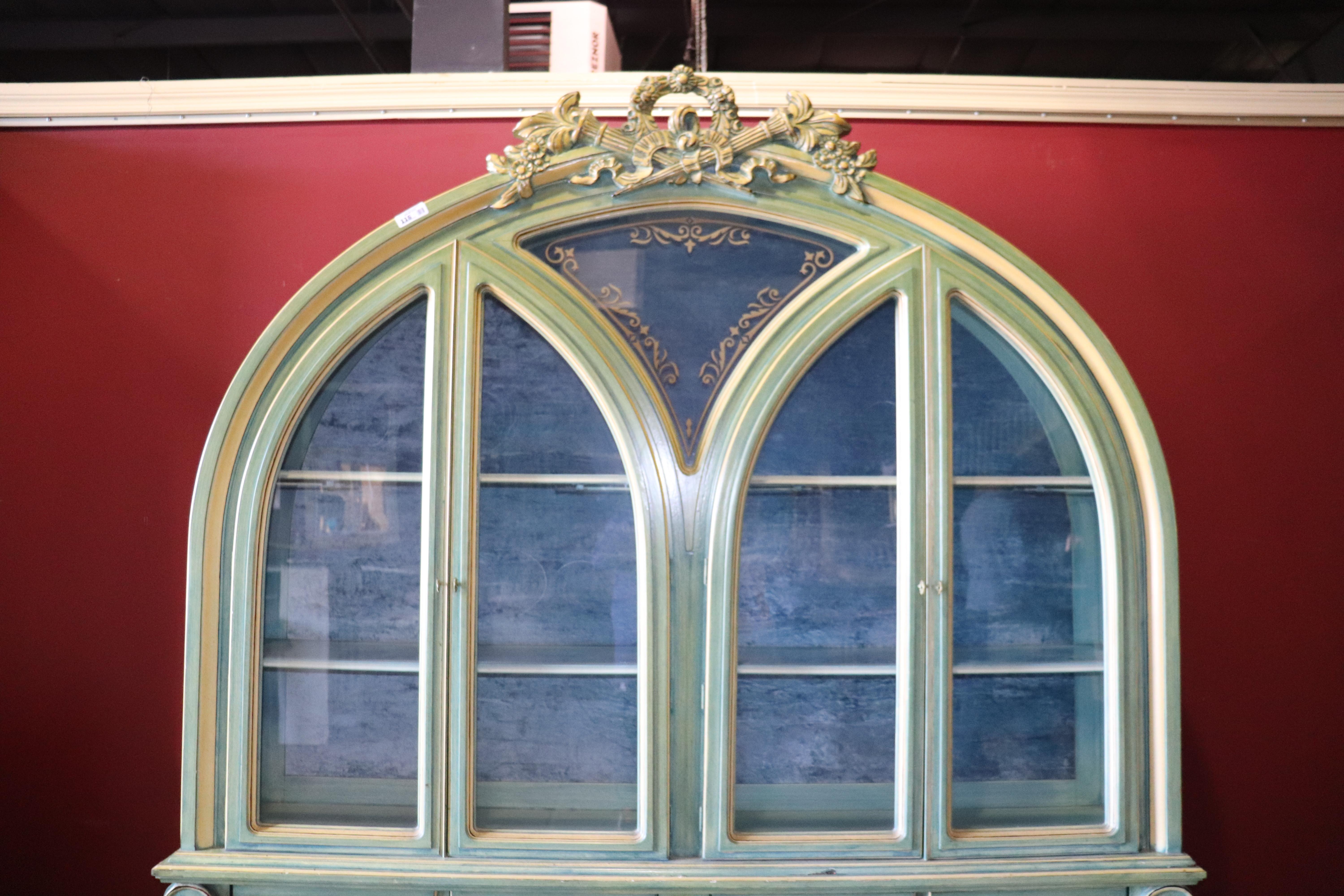 Dorothy Draper Style Painted French Louis XVI Breakfront China Cabinet Vitrine 2
