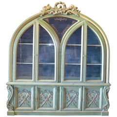 Dorothy Draper Style Painted French Louis XVI Breakfront China Cabinet Vitrine