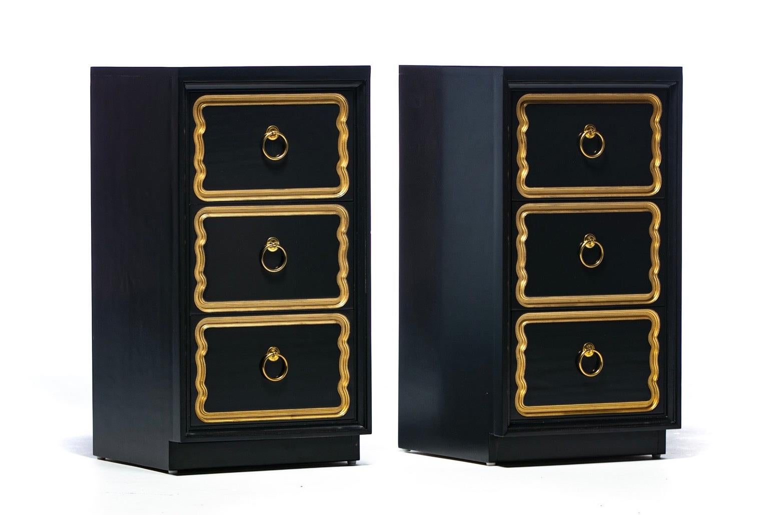 Designers and Hollywood Regency enthusiasts will immediately recognize the iconic Dorothy Draper España Chest drawer fronts on this pair of custom nightstands lacquered in the same original color combination as Dorothy Draper's 1950s España Chests.