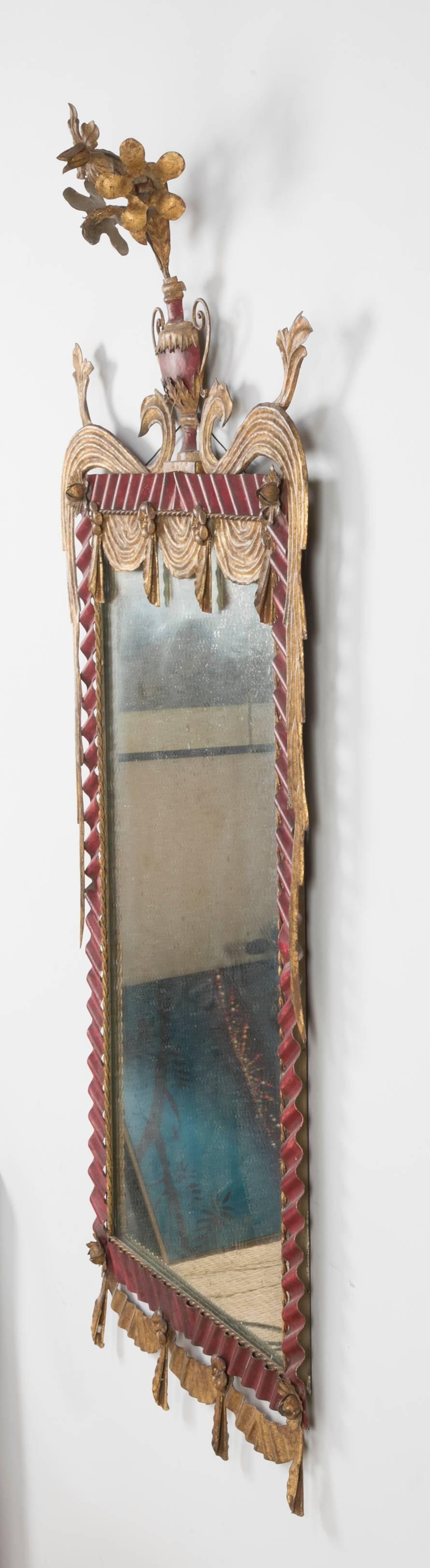 Hollywood Regency Red and Gilt Tole Mirror In Good Condition In Stamford, CT