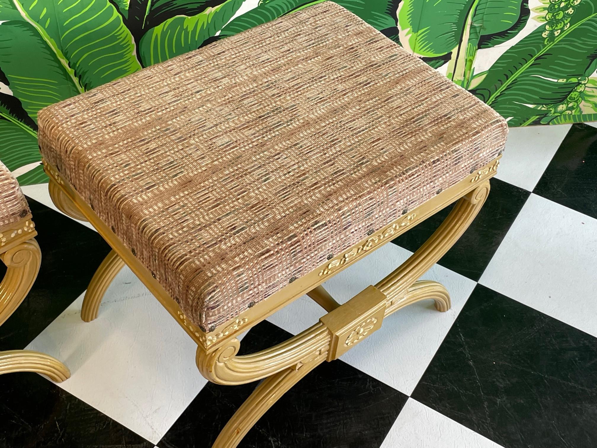 Upholstery Dorothy Draper Style X Form Footstool Benches For Sale