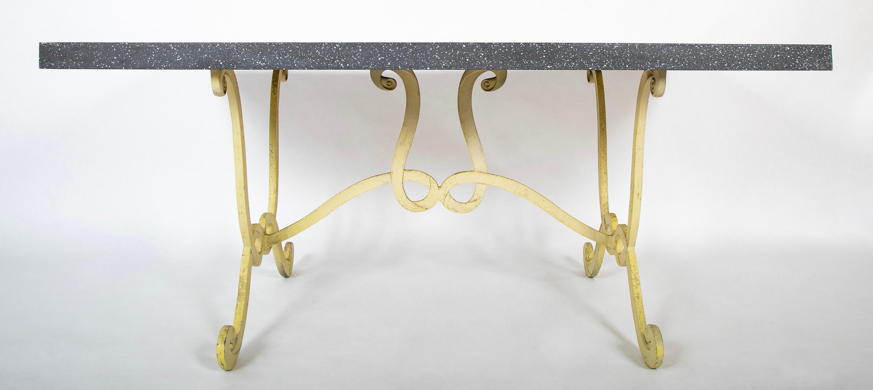Painted Dorothy Draper Table With Faux Porphyry Steel Top And Yellow Wrought Iron Base For Sale