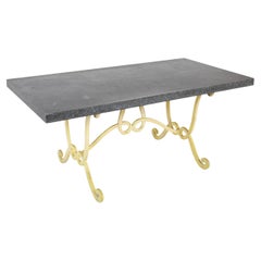 Retro Dorothy Draper Table With Faux Porphyry Steel Top And Yellow Wrought Iron Base