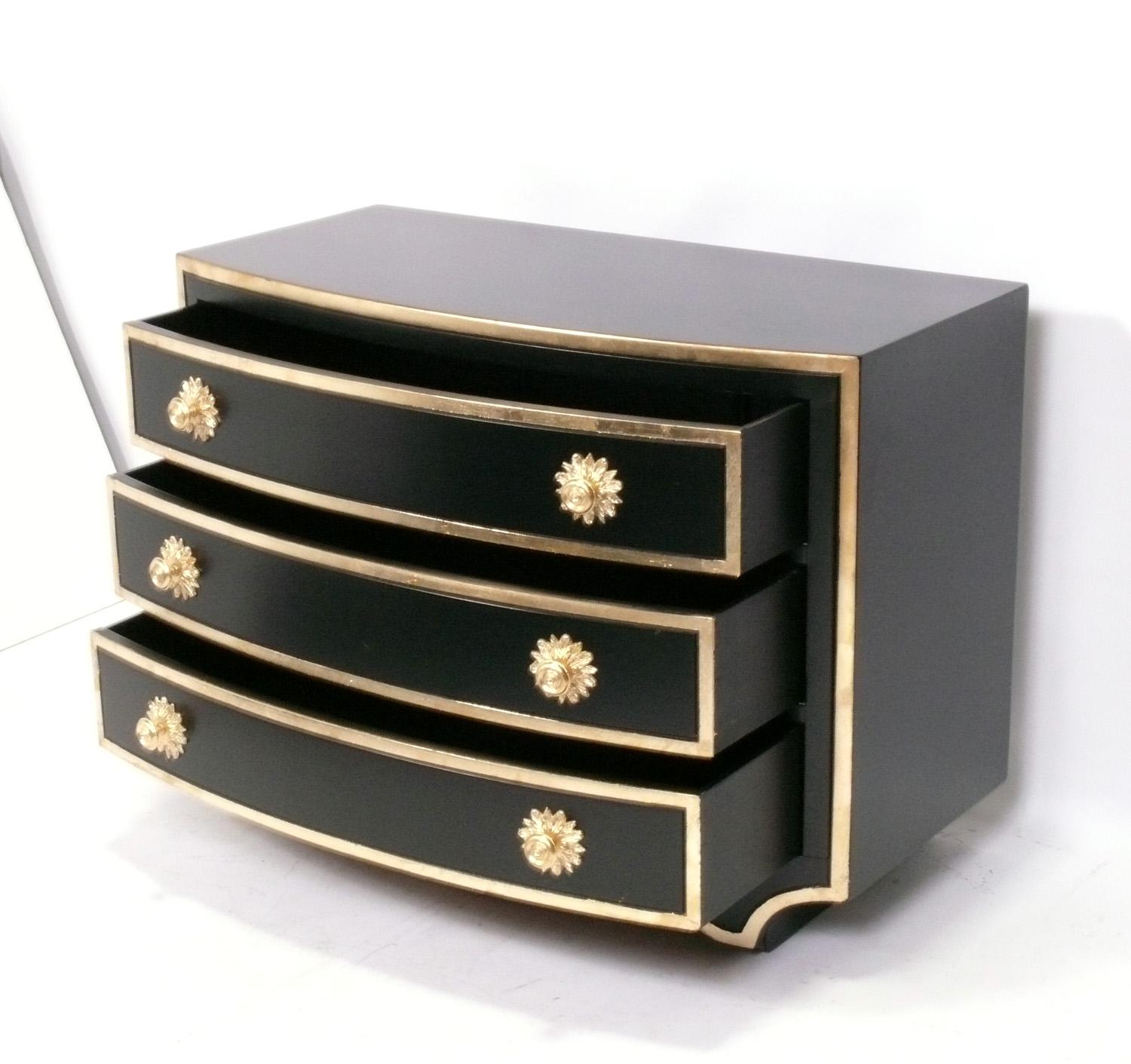 Hollywood Regency Dorothy Draper Viennese Chest in Black Lacquer with Gilt Trim and Hardware  For Sale