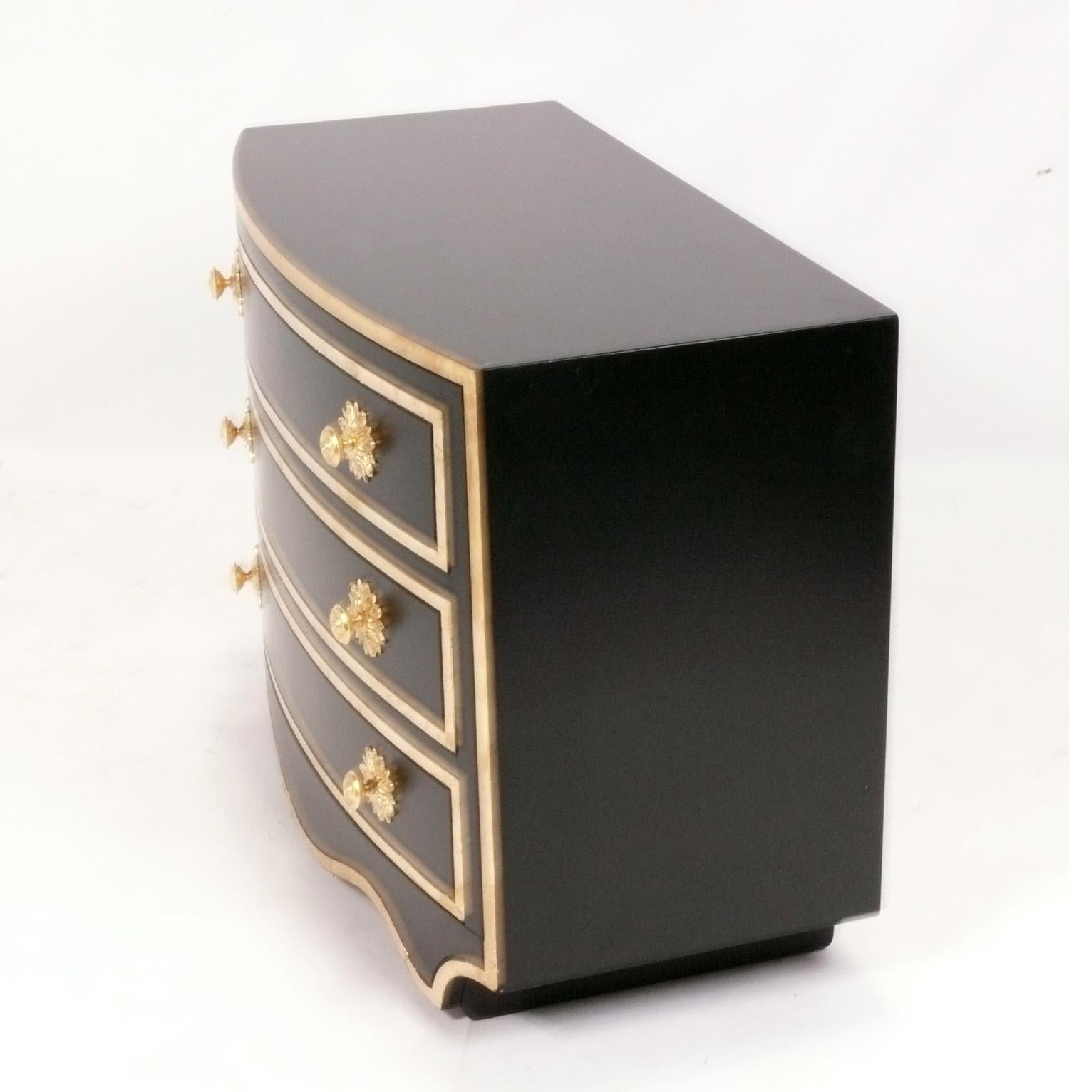 American Dorothy Draper Viennese Chest in Black Lacquer with Gilt Trim and Hardware  For Sale