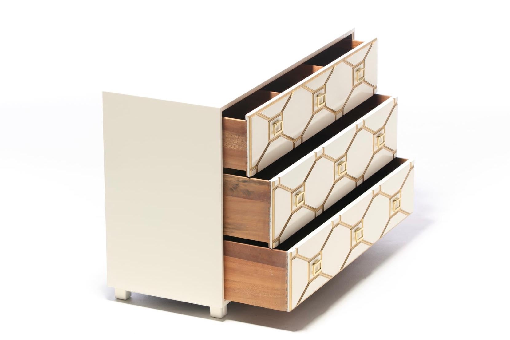 Lacquered Dorothy Draper Viennese Collection Ivory Chest with Gold Incised Drawers For Sale